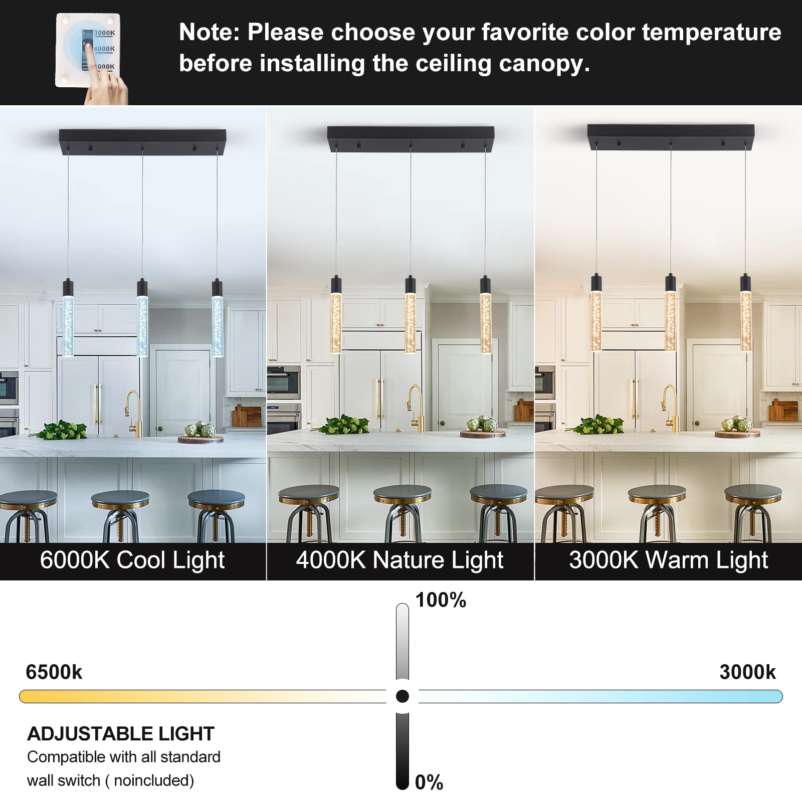 Modern Pendant Lighting 5-Light Linear Chandeliers Dimmable LED Pendant Lights Kitchen Island Lighting with Matte Black Finish and Acrylic Shades for Kitchen Island and Dining Room…