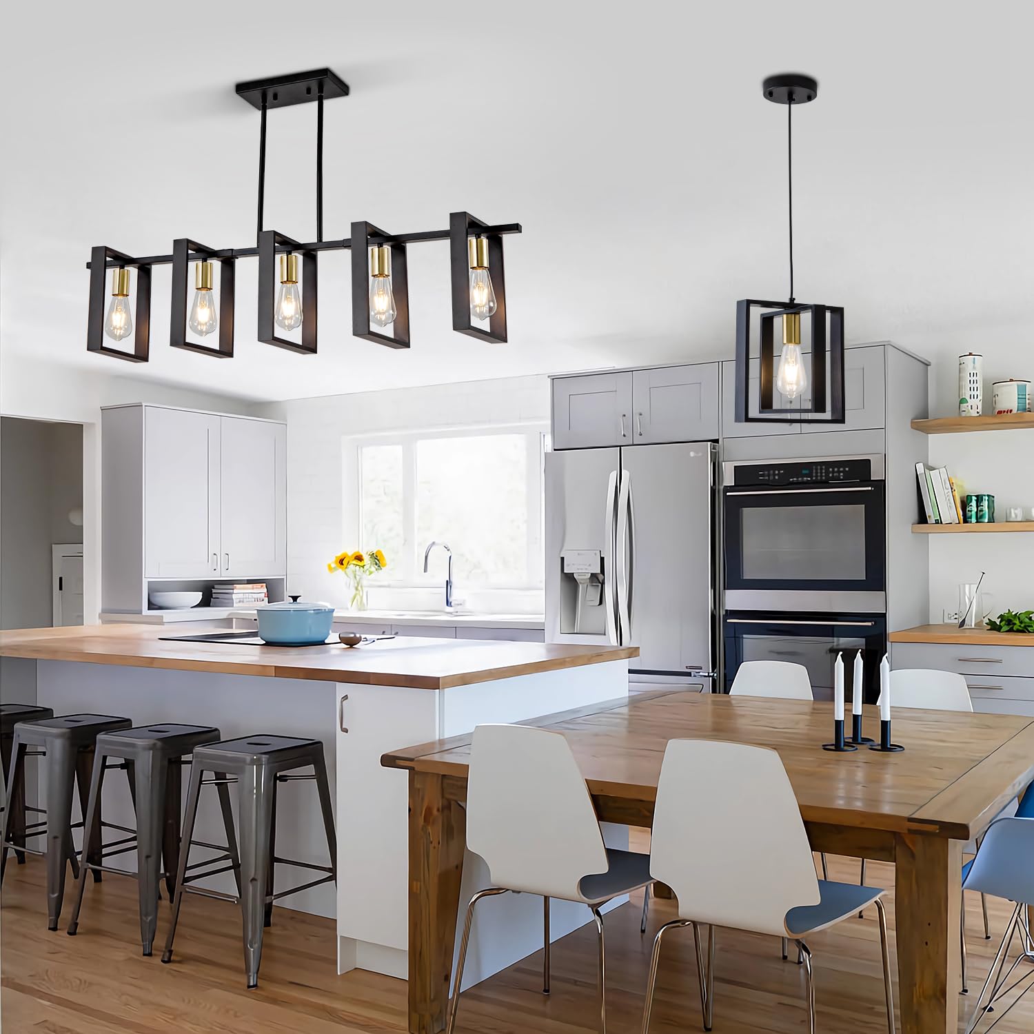 Farmhouse Kitchen Island Lighting Black Chandeliers for Dining Room Wooden Island Lights,Industrial Rectangle Light Fixtures Ceiling Hanging (4 Lights)