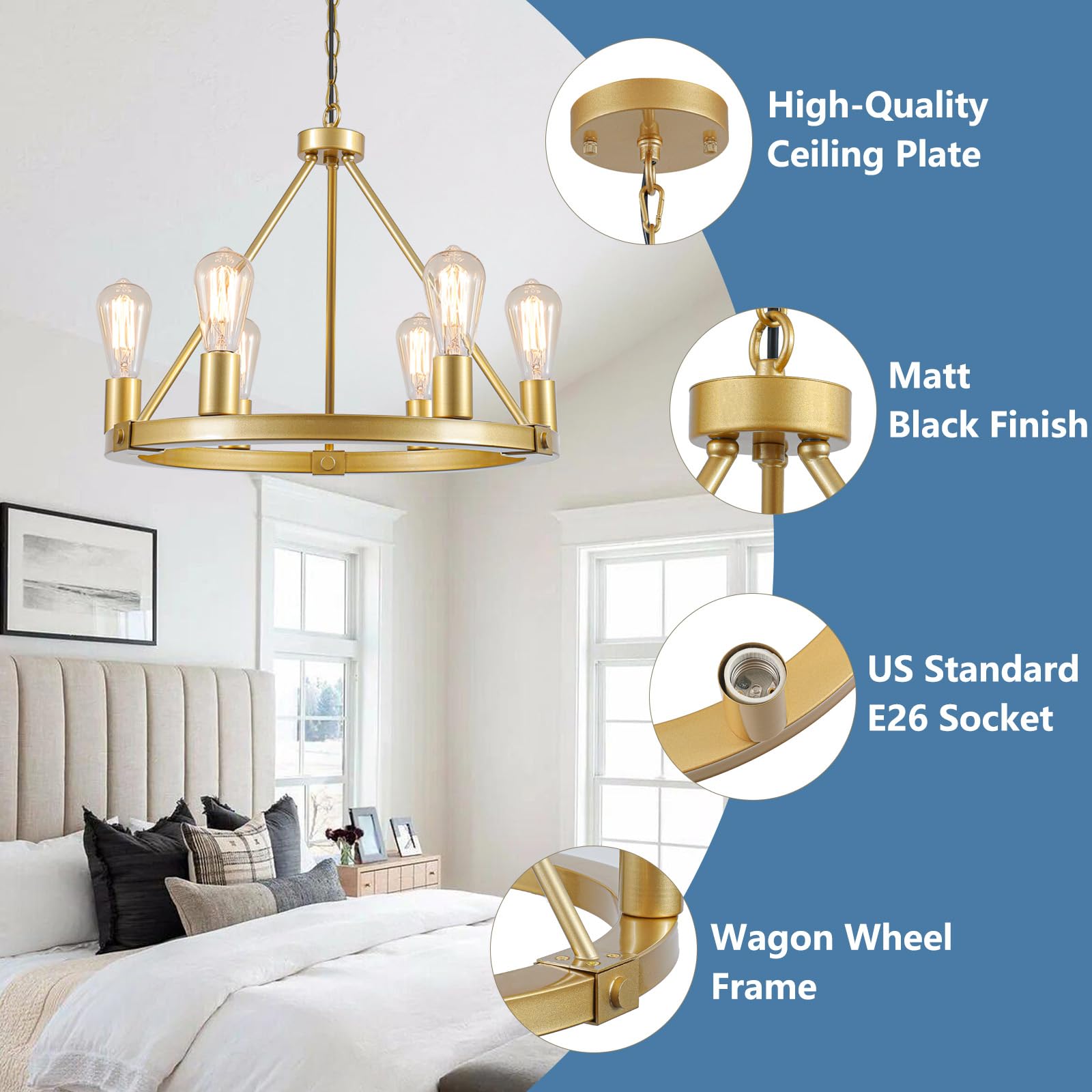 Gold Wagon Wheel Chandelier, 12-Light Industrial Pendant Light, 31.5'' Farmhouse Ceiling Hanging Chandelier Light Fixture for Living Room, Bedroom, Entryway, Foyer