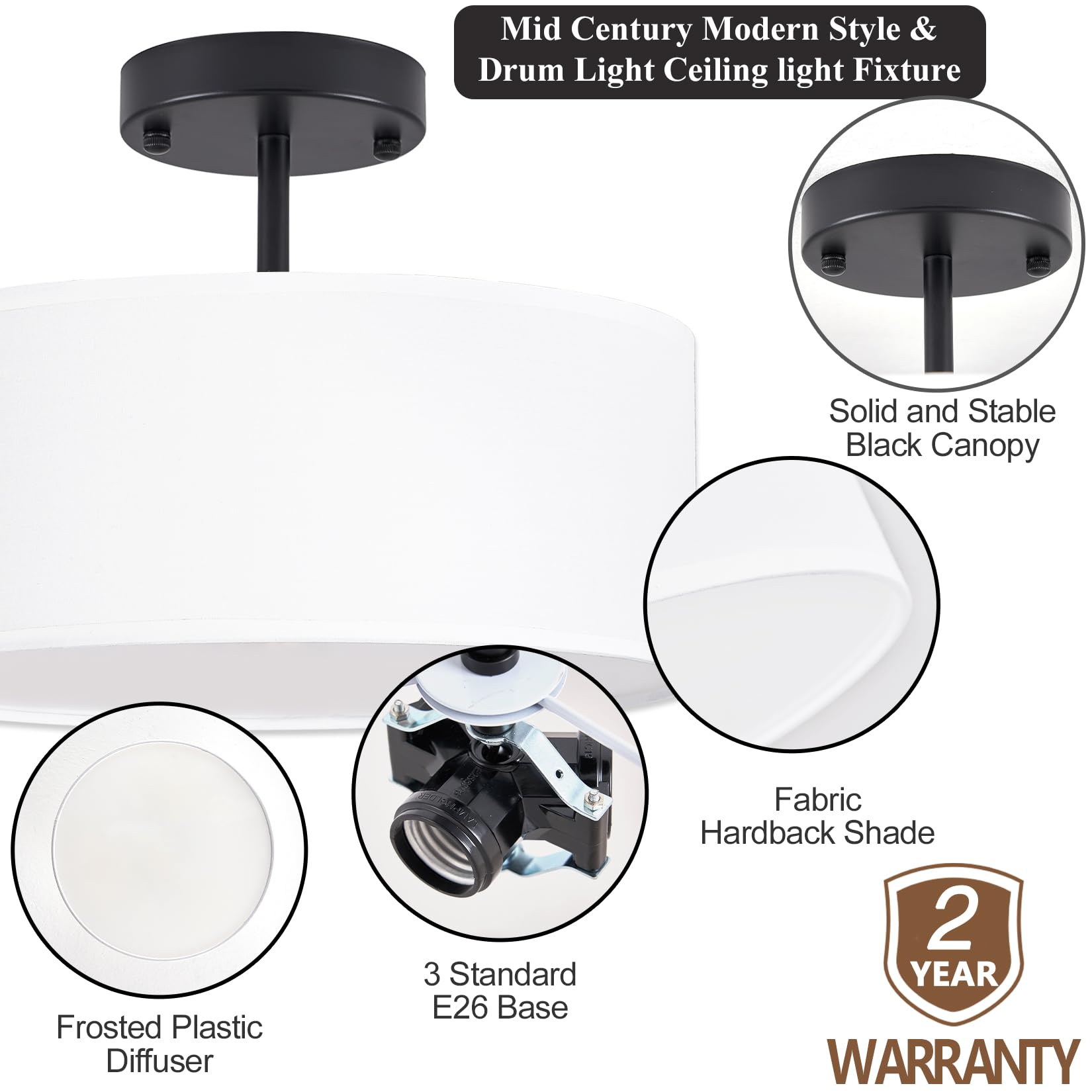 Semi Flush Mount Ceiling Light,13 inch Modern 3-Light Ceiling Light Fixture,Black Semi Flush Mount Light Fixture,Flush Mount Lighting for Bedroom,Dinning Room and Hallway