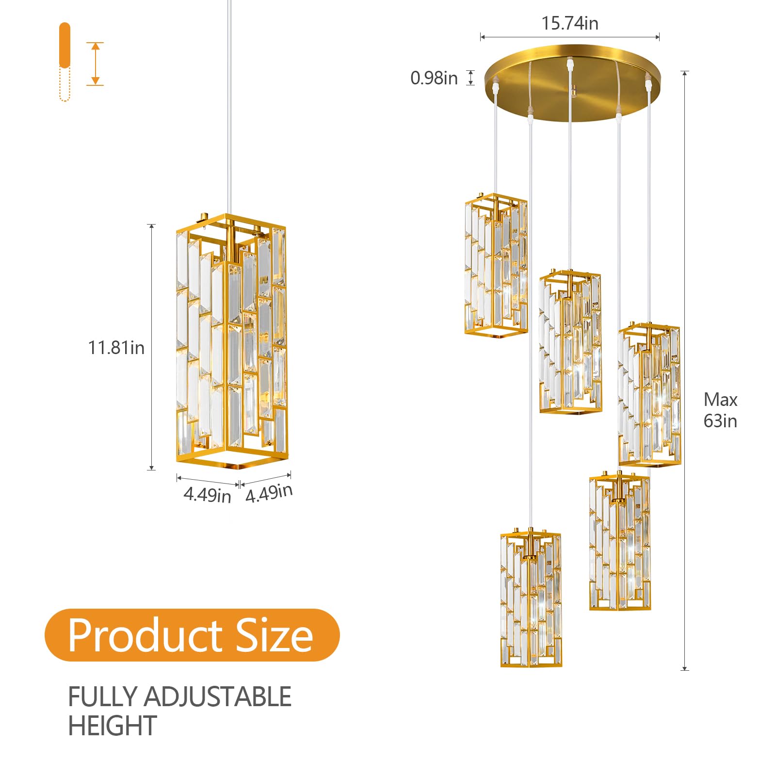 Gold Pendant Lighting Modern Pendant Light, Mini Crystal Chandeliers,Adjustable Pendant Light Fixture for Kitchen Island Dinning Room Bedroom (3 Pack)