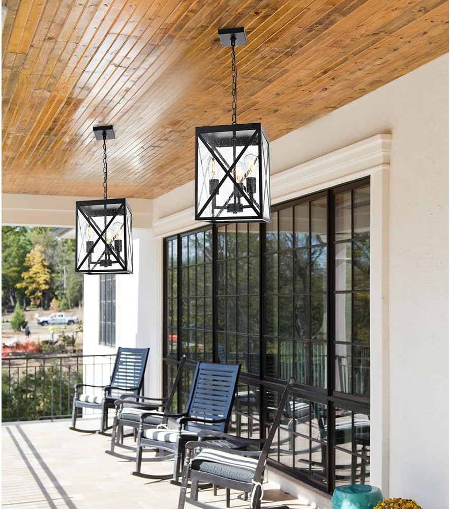 Large Outdoor Pendant Light, Black Exterior Ceiling Porch Light with Seeded Glass Panel, Outdoor Chandelier Hanging Lantern for Garage Entryway Patio Front Door