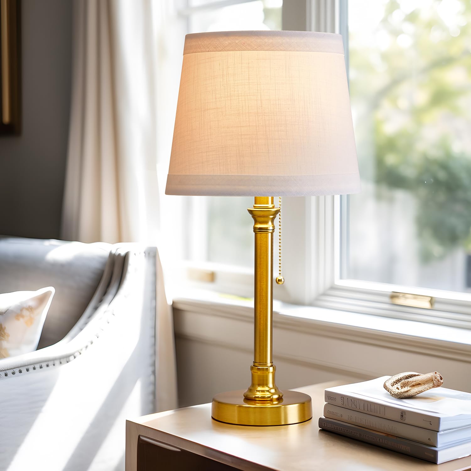 19.5'' Gold Table Lamp for Living Room Nightstand Modern Lamps Brass Table Lamp for Bedroom Metal Bedside Lamp with White Drum Shade