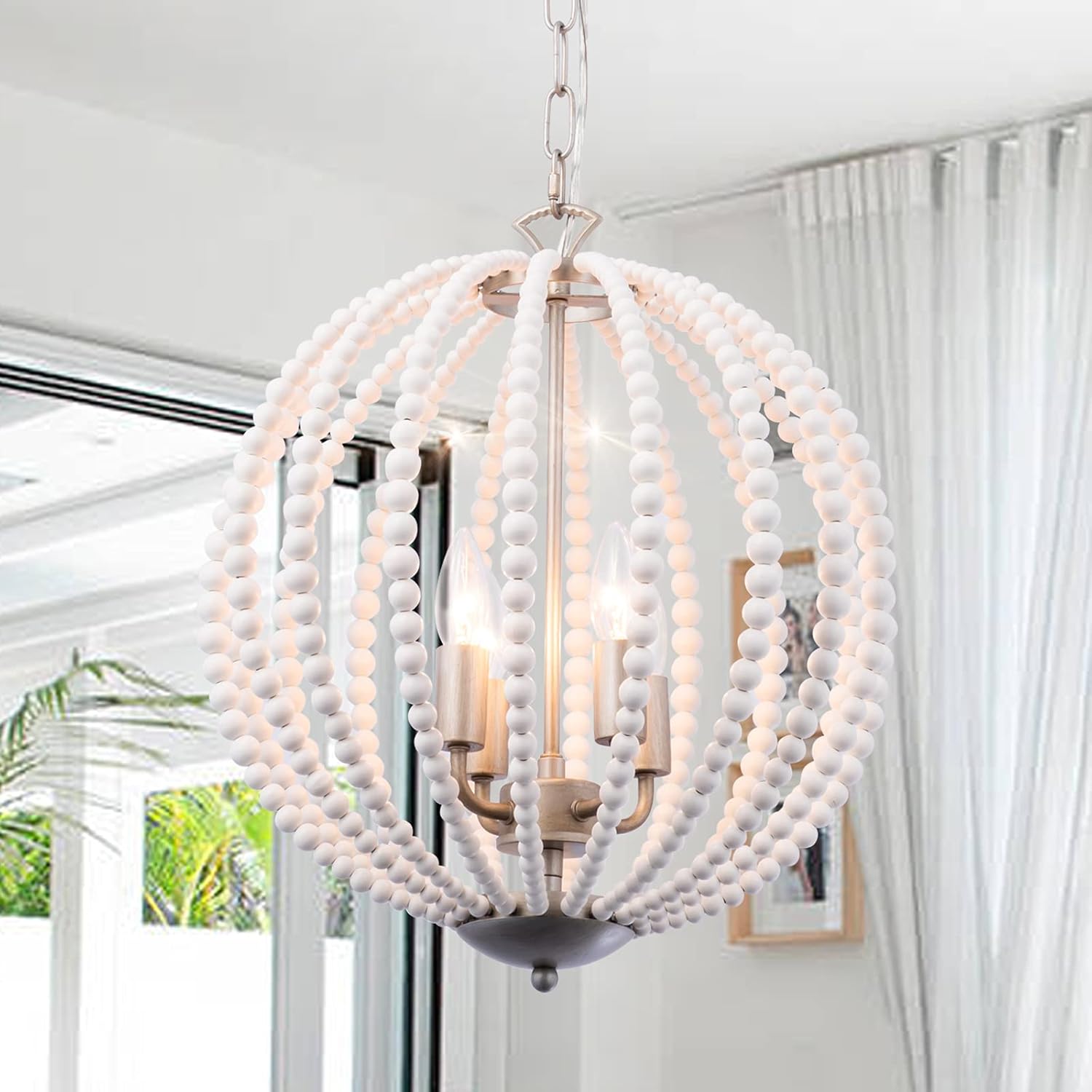 Boho Wood Beaded Pendant Light Candle Style Globe Chandelier White Finishing for Bedroom, Kitchen Island, Girl Room 4-Light