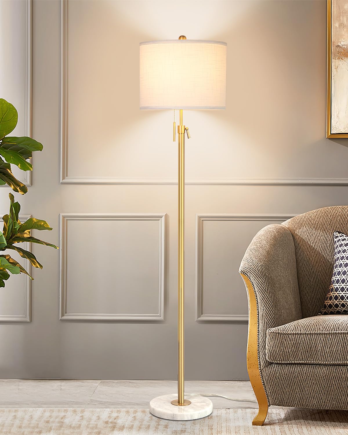 Floor Lamp for Living Room Adjustable Tall Standing Lamp, 3-Way Dimmable Floor Lamp for Bedroom Office, Black Gold Lamp with Marble Base and White Linen Shade, 6W 3000K LED Blub Included