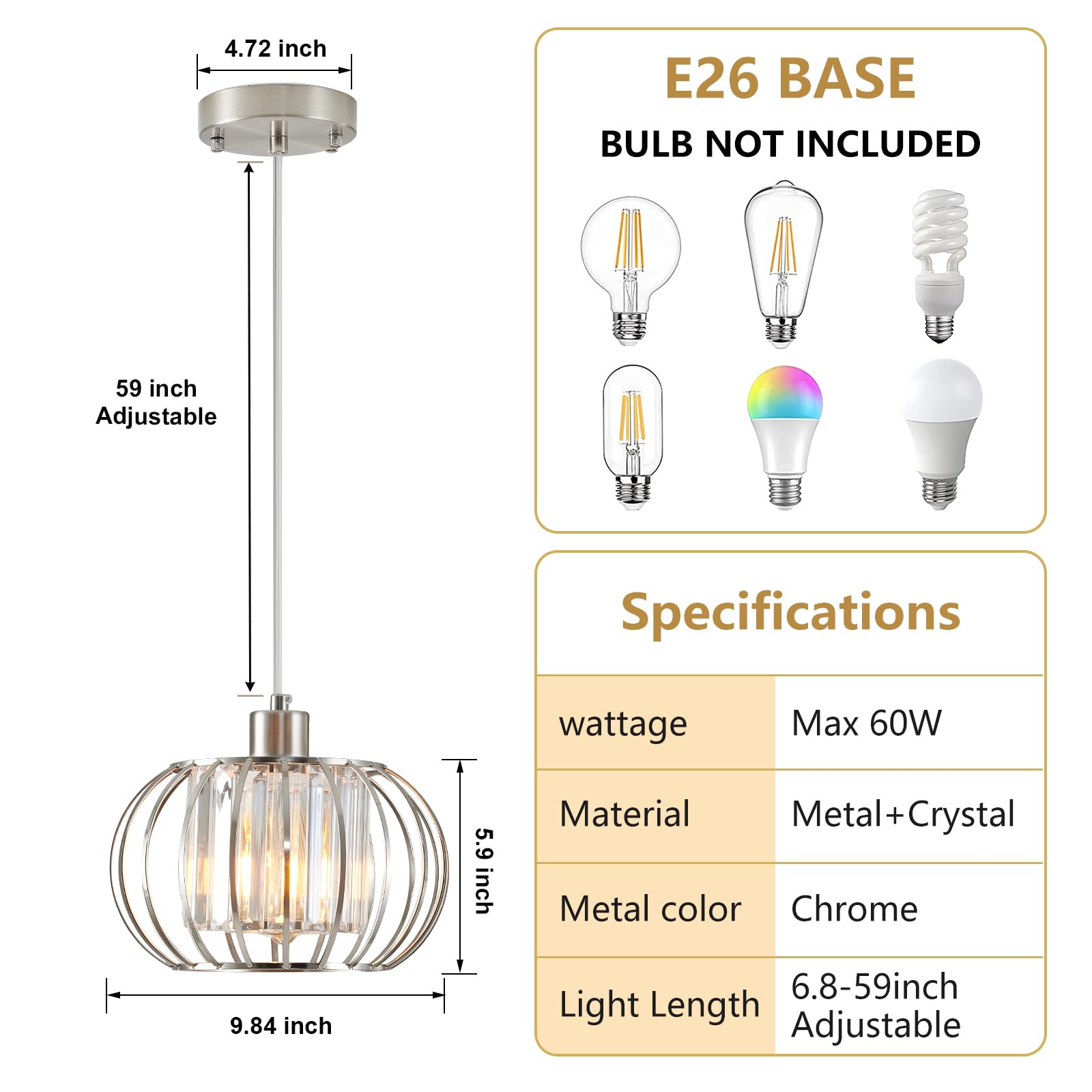 Gold Pendant Light Fixture, Modern Crystal Pendant Lights Kitchen Island, 1-Light Farmhouse Mini Chandelier, Adjustable Brass Hanging Light Fixture for Hallway, Bedroom, Dining Room