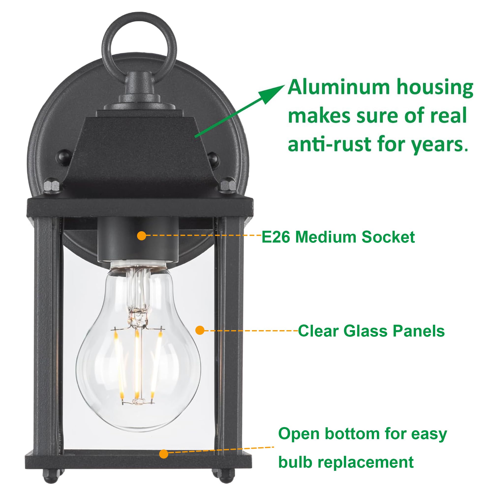 Outdoor Wall Lantern, Wall Sconce as Porch Lighting Fixture, E26 Base 60W Max., Aluminum Housing Plus Glass, Water-Proof and Outdoor Rated, ETL Qualified, 2-Pack, White