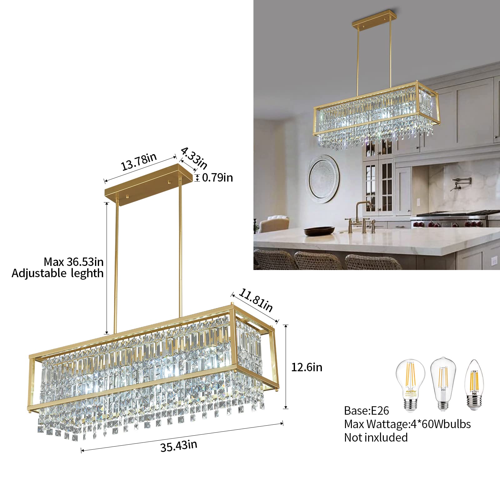 4-Light Dining Room Light Fixture 11.81 inch Square Lndustrial Farmhouse Chandelier Gold Metal Crystal Pendant Light for Kitchen Island Dining Room Living Room Flat and Inclined Ceiling