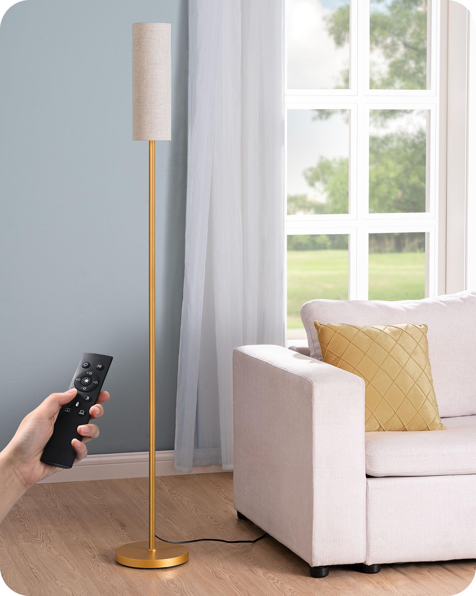 EDISHINE Modern Corner Floor Lamp with Remote, Stepless Dimmable Minimalist Reading Lamp, 65" Tall Pole Lamp for Living Room, Bedroom, Office, 9W LED Bulb Included (Gold)