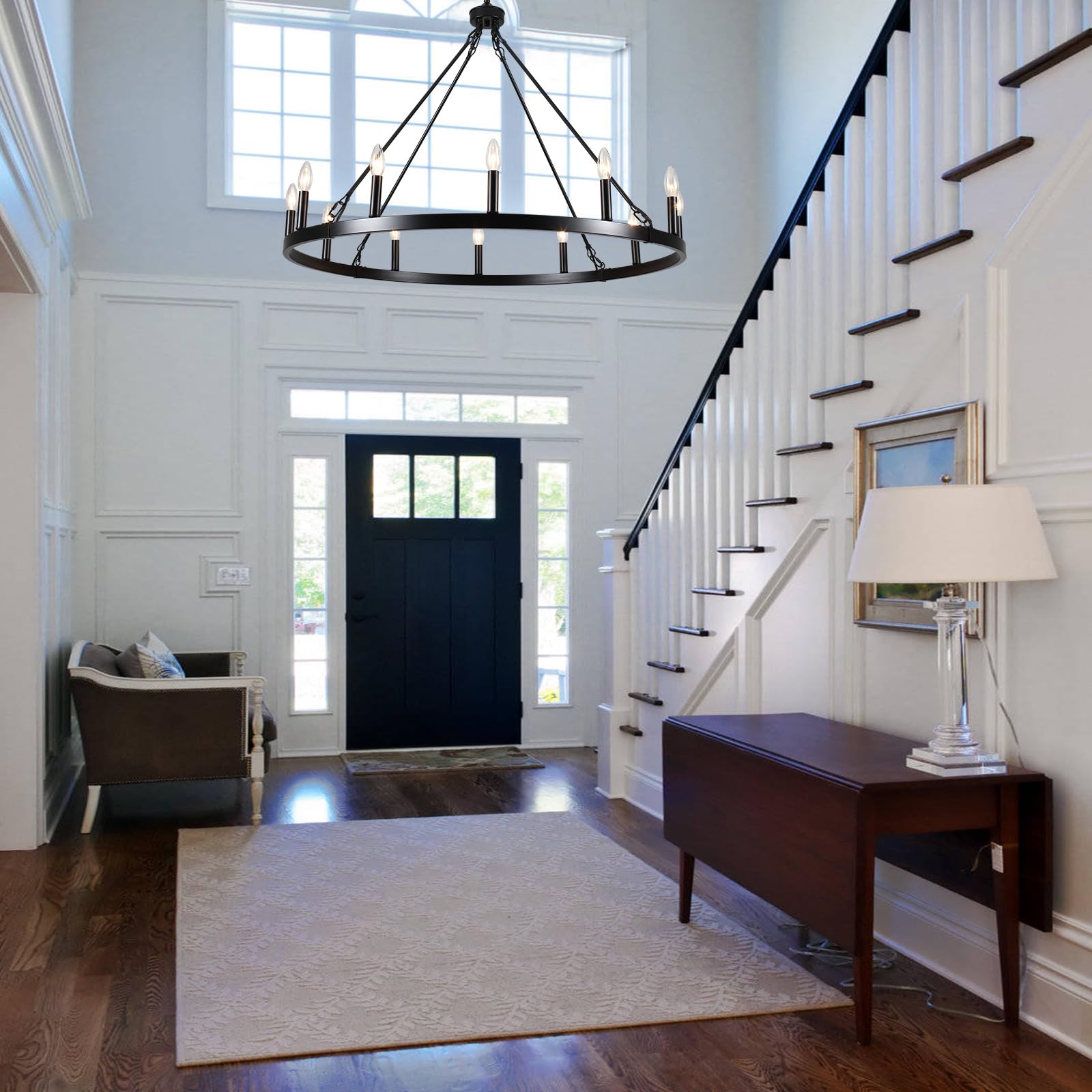 Wooden Chandeliers for Dining Room, 5 Lights Farmhouse Orb Chandeliers Antique White & Black French Country Chandelier for Living Room Kitchen Foyer