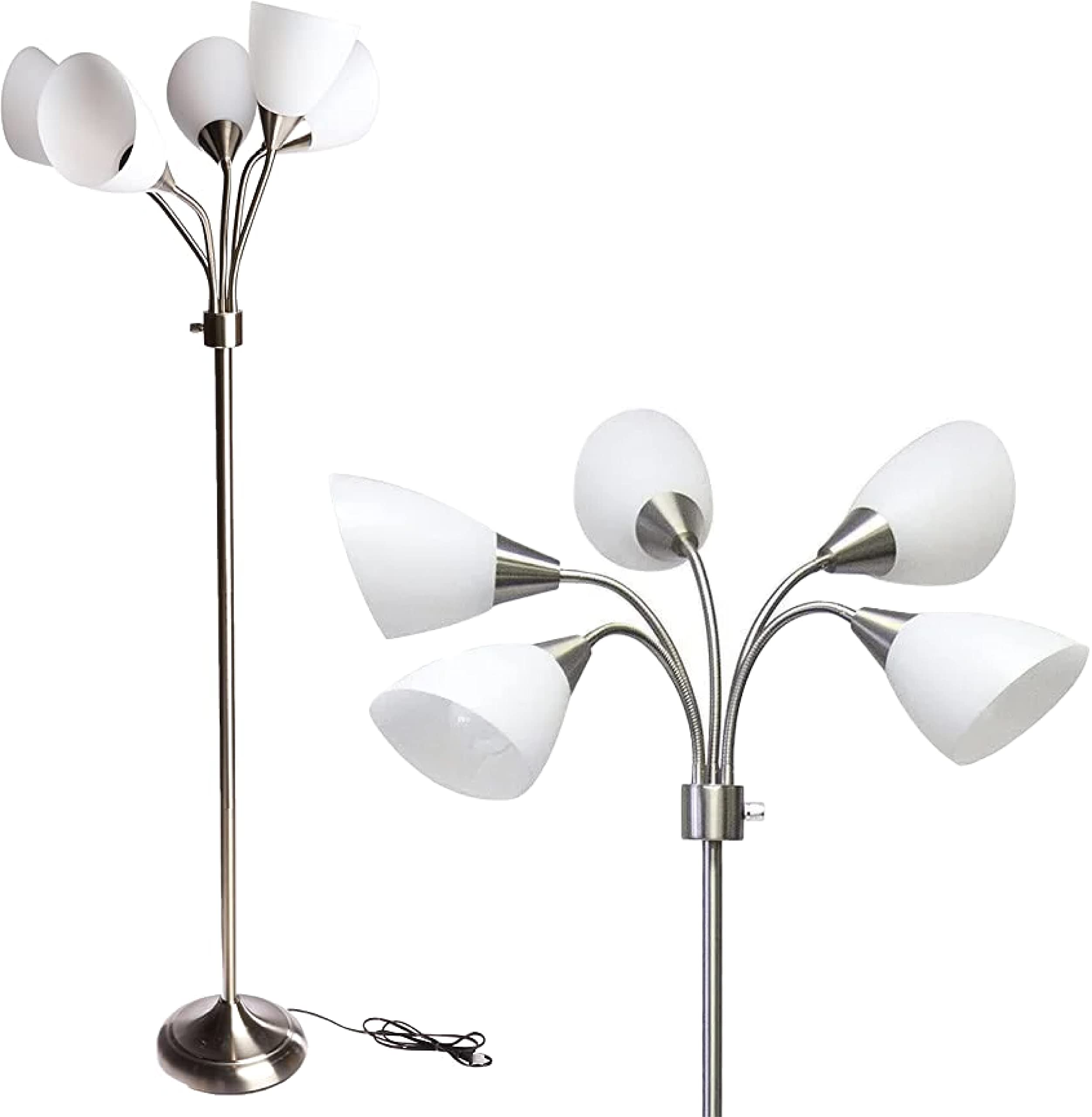 Multi-White Shade Floor Lamp, Adjustable Gooseneck Arms, Silver