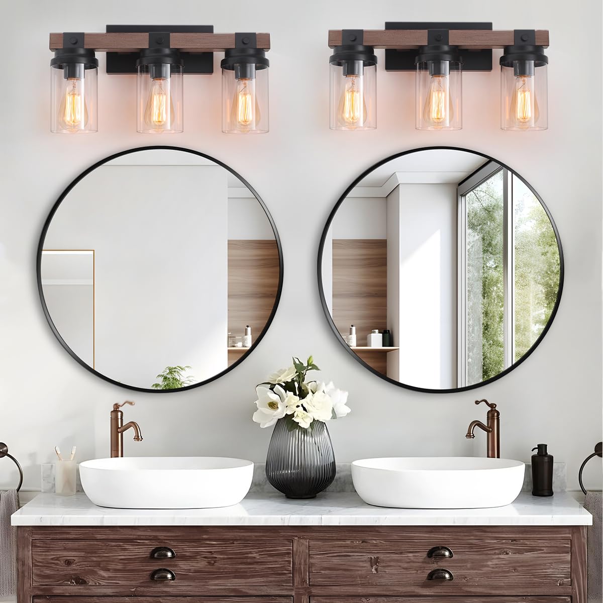 2-Light Farmhouse Vanity Lights for Bathroom, Rustic Bathroom Light Fixtures with Pretty Glass Shade, Black Industrial Wood Grain Wall Sconce for Bathroom Hallway Bedroom