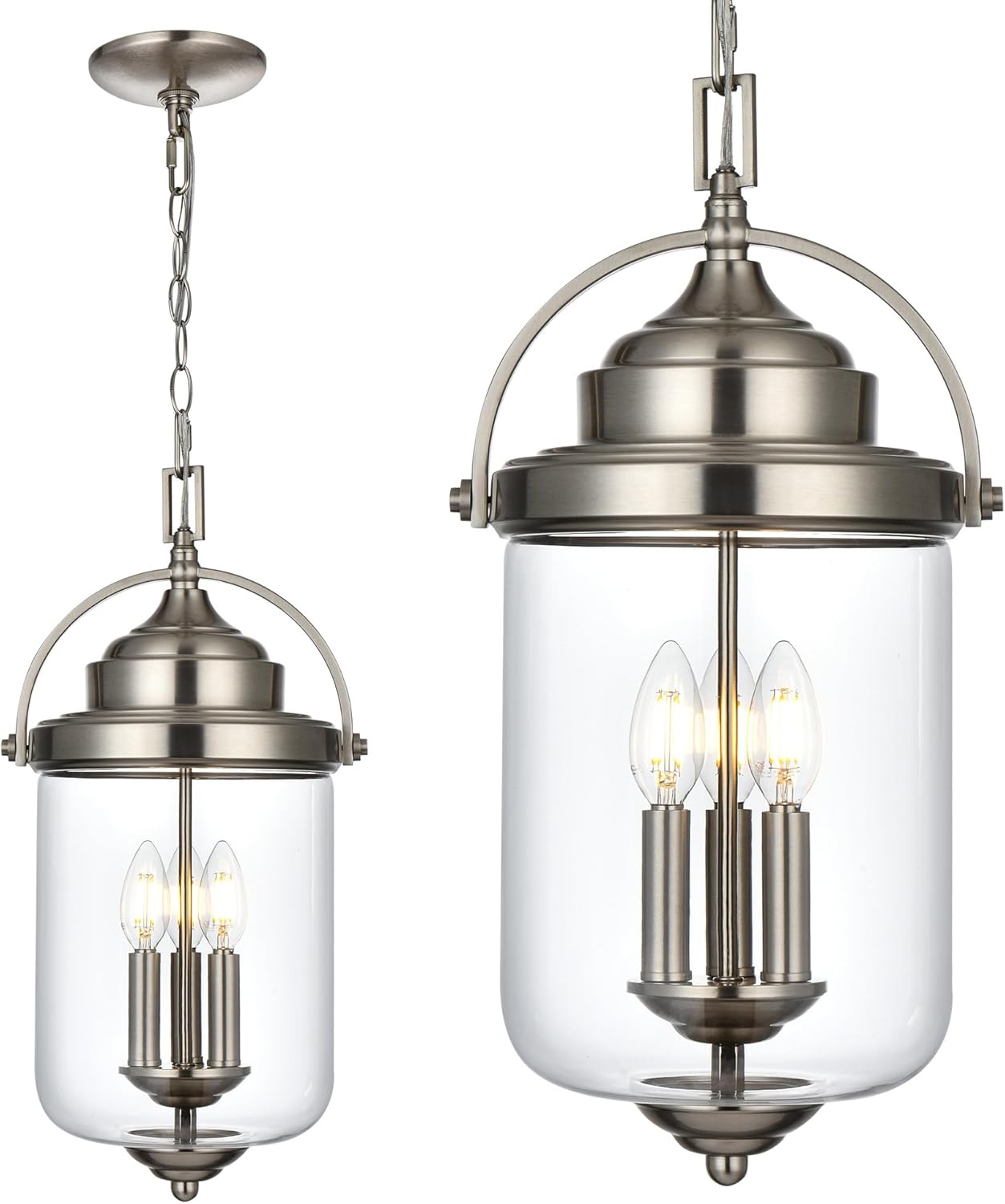 Outdoor Pendant Lights for Porch, 3-Light Outdoor Chandelier Exterior Hanging Lantern in Brushed Nickel Finish with Clear Glass, Front Door Hallway Porch Lighting