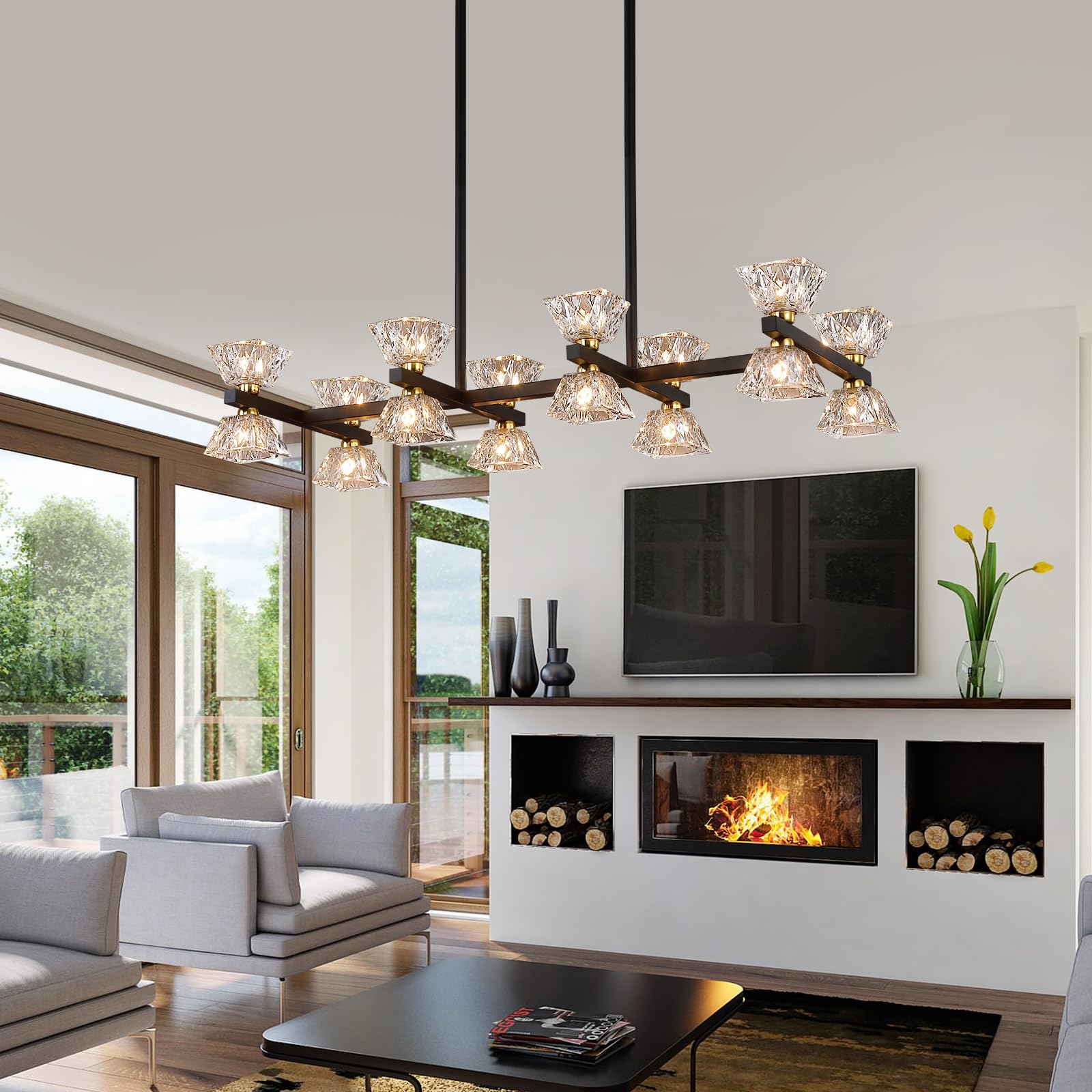 Black Modern Crystal Chandeliers,Farmhouse Rectangle 16-Light Dining Room Light Fixtures for Kitchen Island Bar Living Room UL Listed 𝐋𝟑𝟓.𝟓"