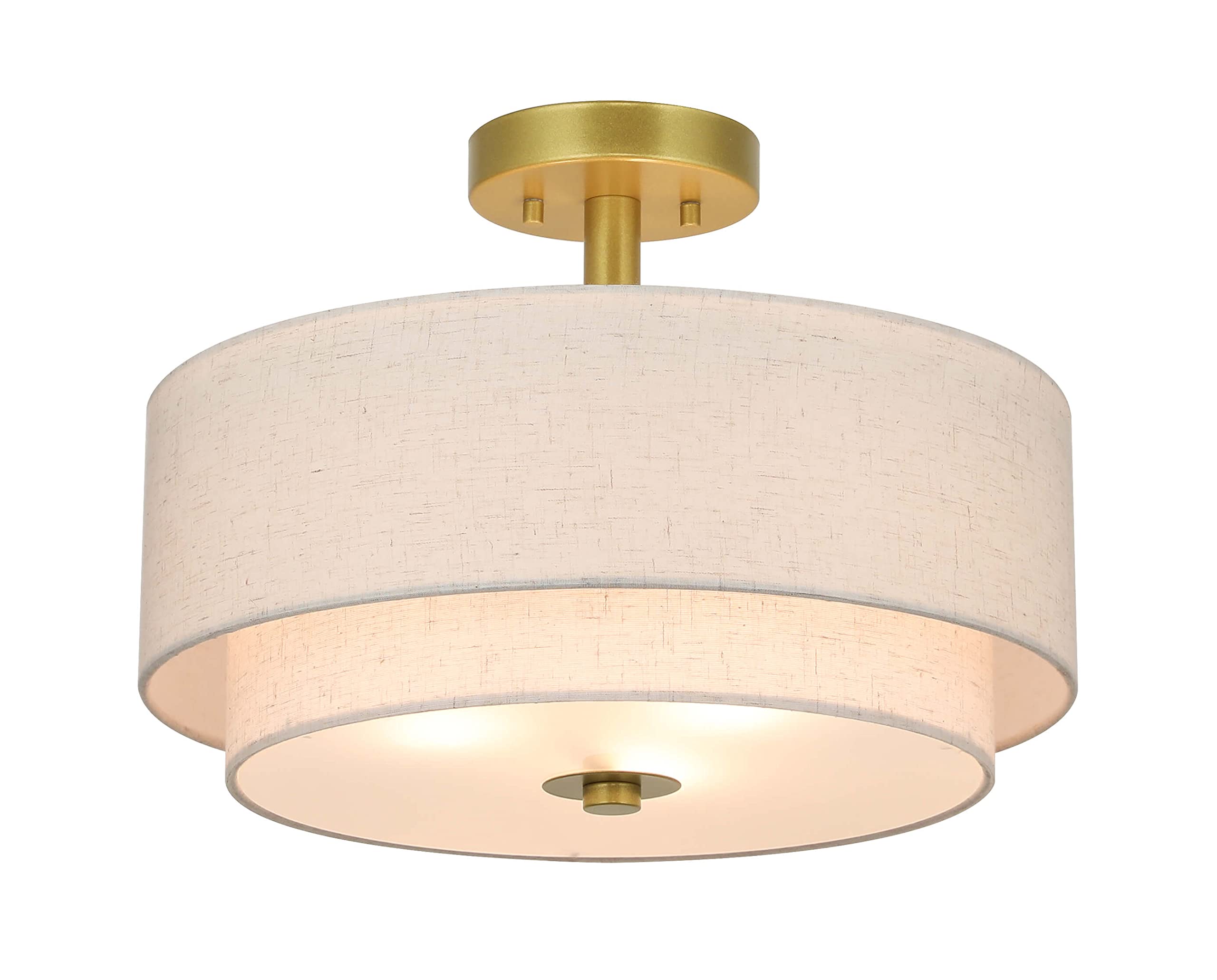 Lighting 3 Light Semi Flush Mount Light, Close to Ceiling Light Fixture with Fabric Shade Retro Gold Brass 16 inch Semi Flush Drum Light for Bedroom & Living Room XB-SF1289-GB