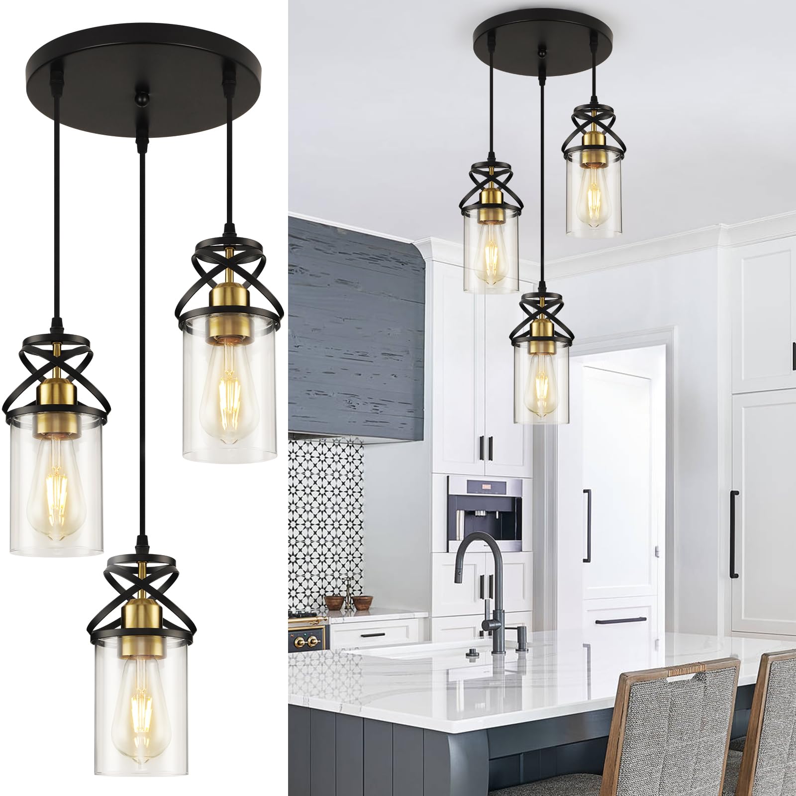 Modern Pendant Light Fixture Farmhouse Hanging Light with Clear Glass Shade, Industrial Black and Gold Pendant Lighting for Kitchen Island Dining Room Bedroom