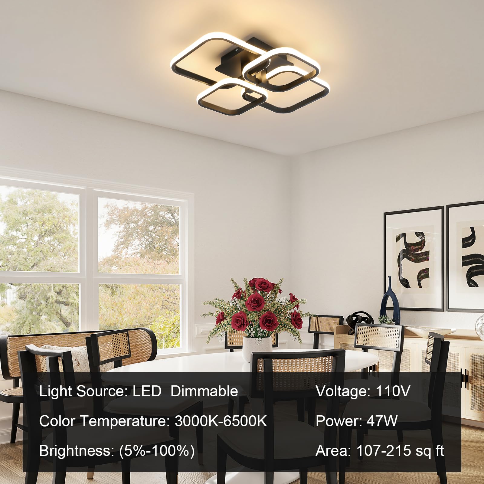 Modern LED Ceiling Light - 60W 4500K Black Semi Flush Mount Ceiling Light Fixtures, 4-Square Design Ceiling Lamp for Living Room, Kitchen, Bedroom, Dining Room