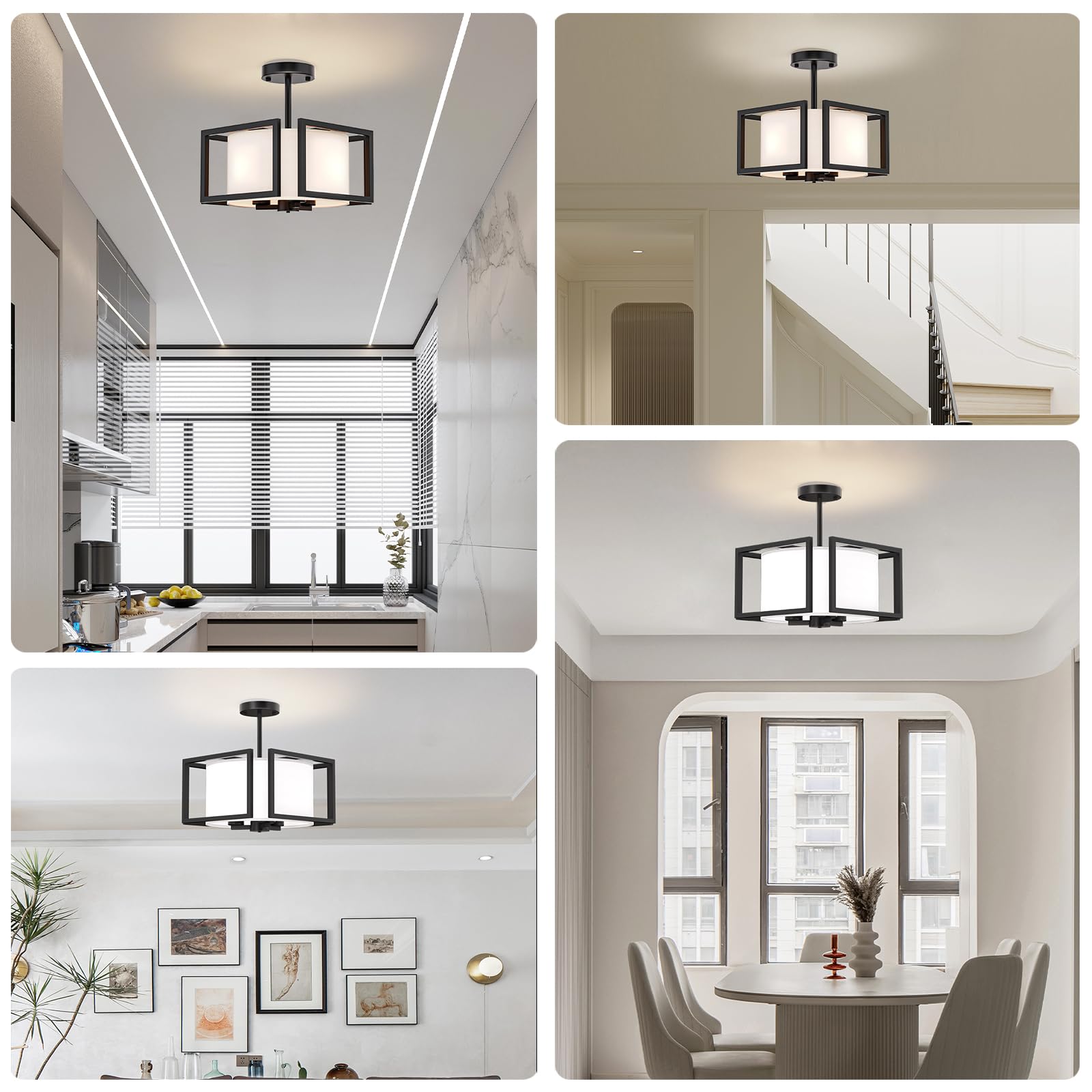 4 Light Semi Flush Mount Ceiling Light 15.7 Inches Light Fixture with Metal Frame Fabric Shade Modern Ceiling Light for Living Room Bedroom Kitchen Dining Room Entryway Hallway