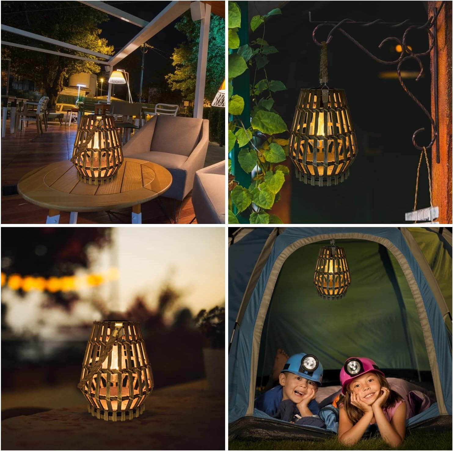 Battery Operated Outdoor Hanging Light Seagrass Woven Waterproof Porch Gazebo Patio Pendant Lantern Chandelier Lighting Decorative Hollow-Out Auto On/Off Warm White Bulb