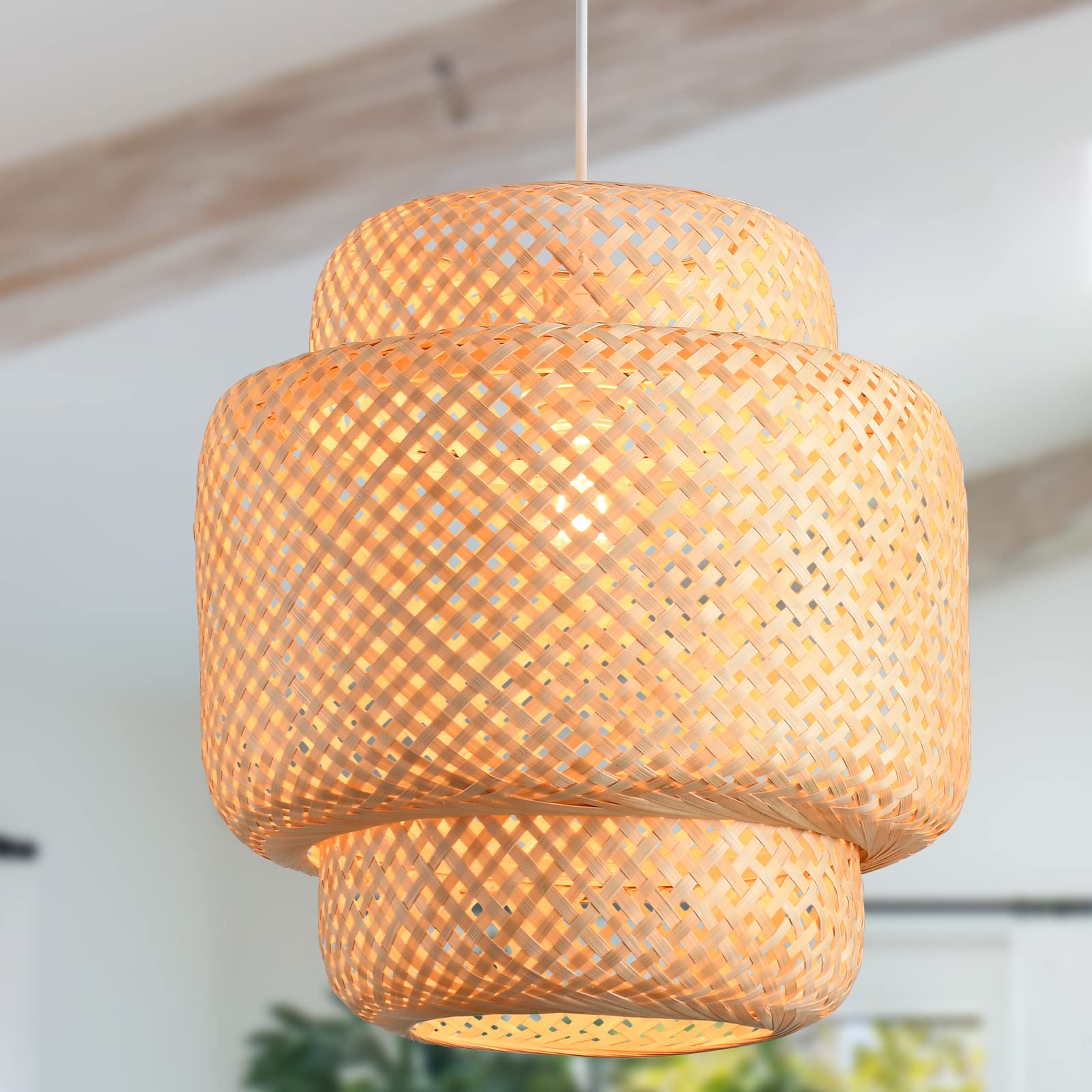 Boho Bamboo Pendant Light, 23.64in Bohemian Hand-Woven Rattan Chandelier Coastal Wicker Lighting Fixtures Hanging Lamp for Kitchen Island Dining Living Room Restaurants Bedroom