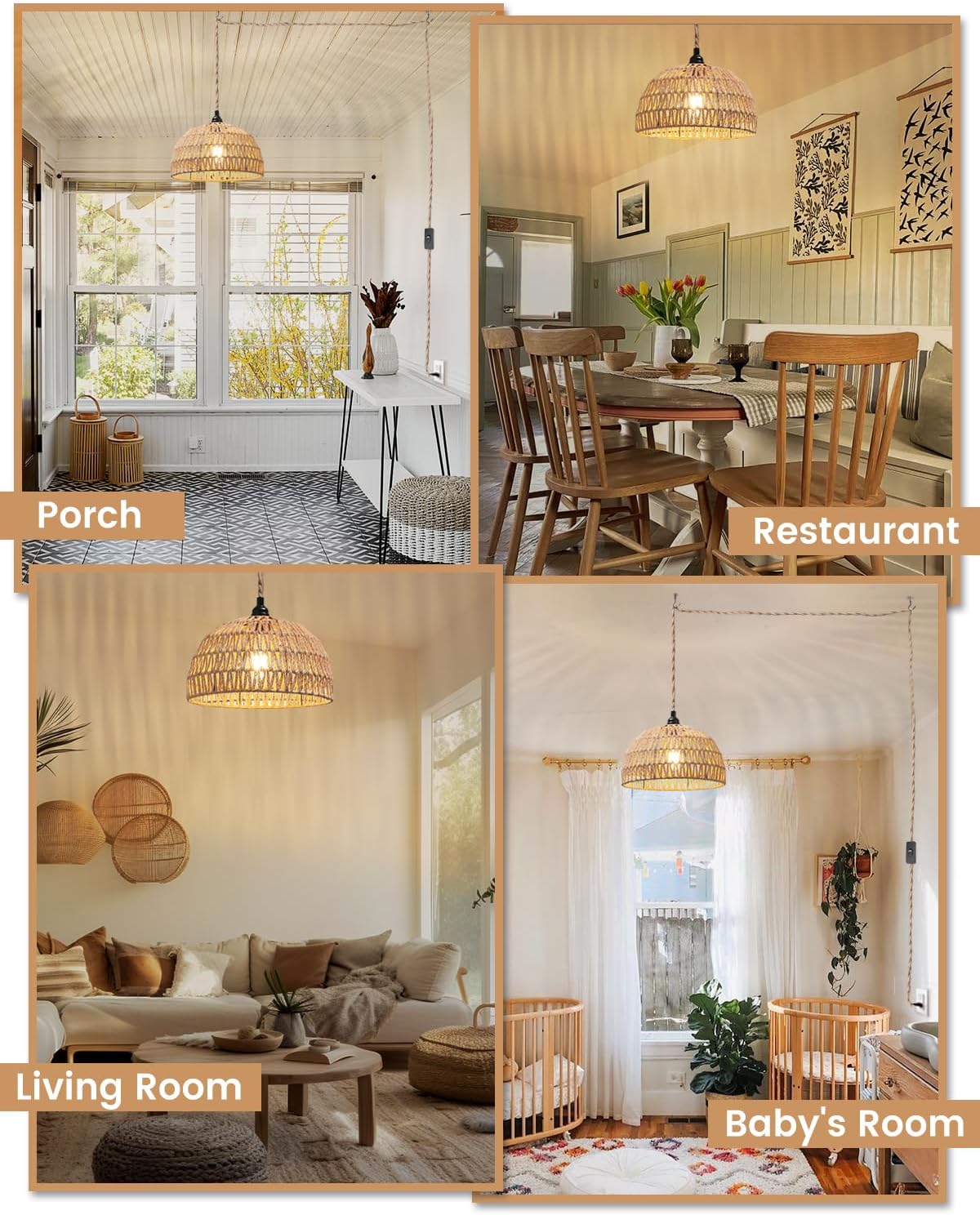 Rattan Hanging Lamp,Boho Pendant Lights,Plug in Cord Hanging Rattan Light,Plug Into Wall Outlet Pendant Light Fixture On/Off Switch for Living,Dinner Room,Bedroom,Kitchen,for E26,without Bulb