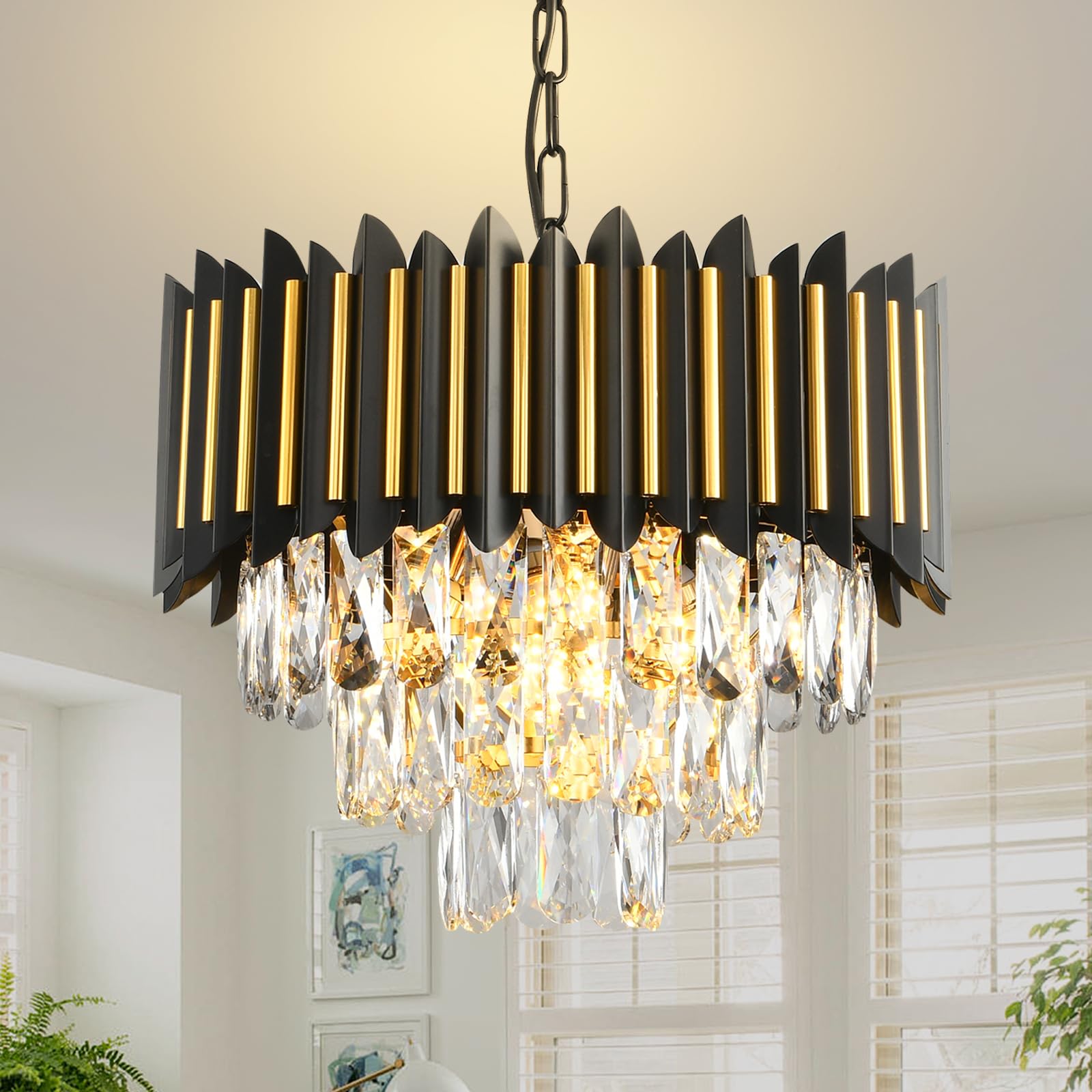 Modern Crystal Chandeliers 3 Tiers Black and Gold Chandelier Pendant Light Fixtures Round Flush Mount Chandeliers Ceiling Lighting for Living Room Dining Room Foyer Bedroom Entryway Kitchen W16in