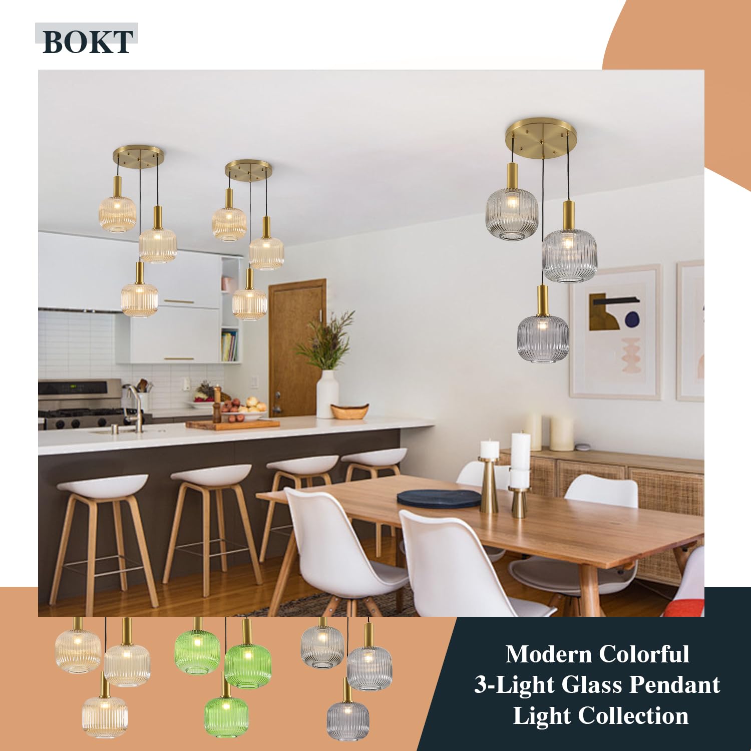 BOKT Modern Smokey Gray Glass Globe Pendant Light Adjustable 3-Light Cluster Pendant Lights Open Glass Kitchen Island Pendant Chandelier Vintage Multi Light Pendant Lighting Cluster Chandeliers