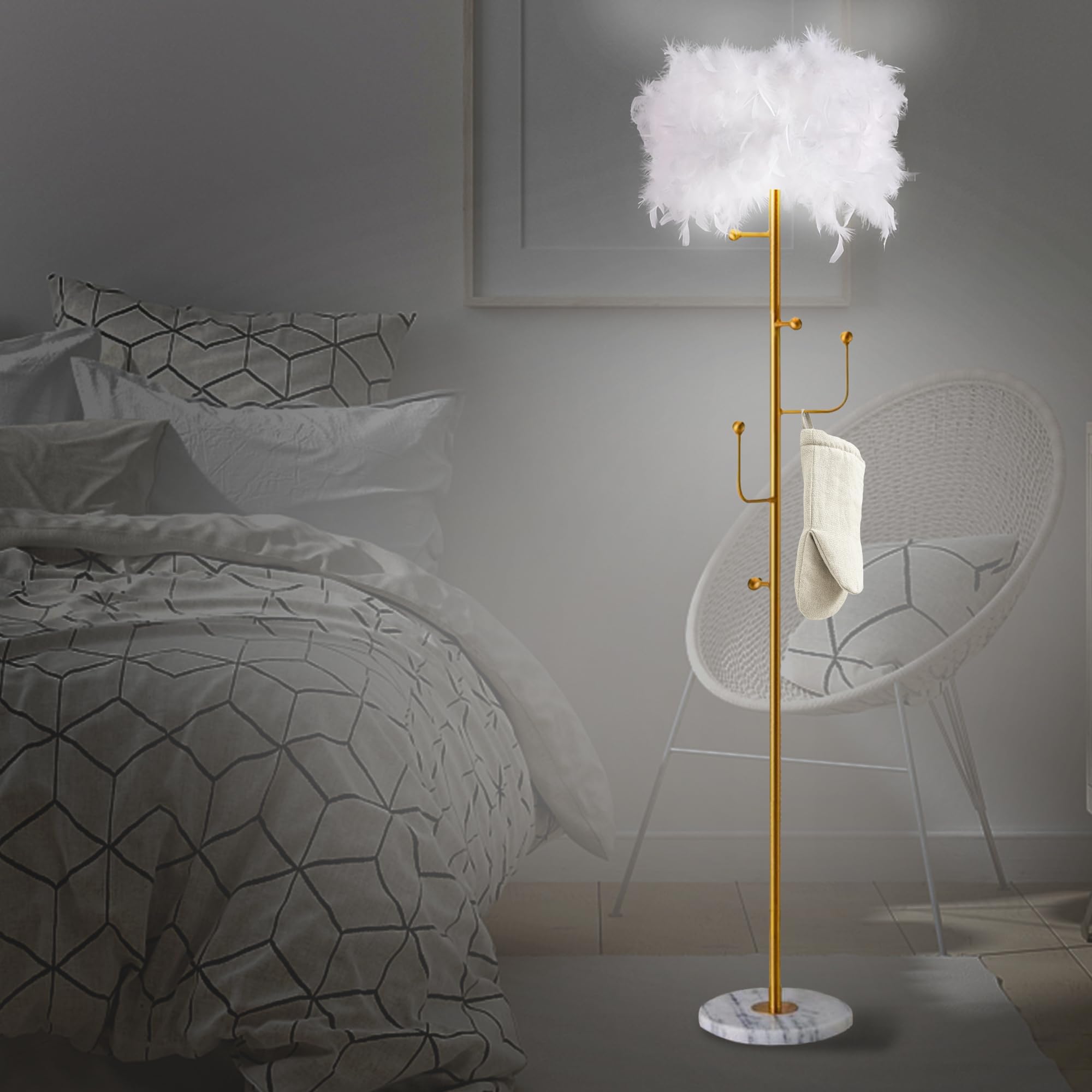 Floor Lamp White Natural Ostrich Unique Bedside Floor Lamps with Foot Switch Modern Gold Luxury LED Bulbs Resin Standing Light for Bedrooms Dining Room Living Room Kitchen 35 Pieces