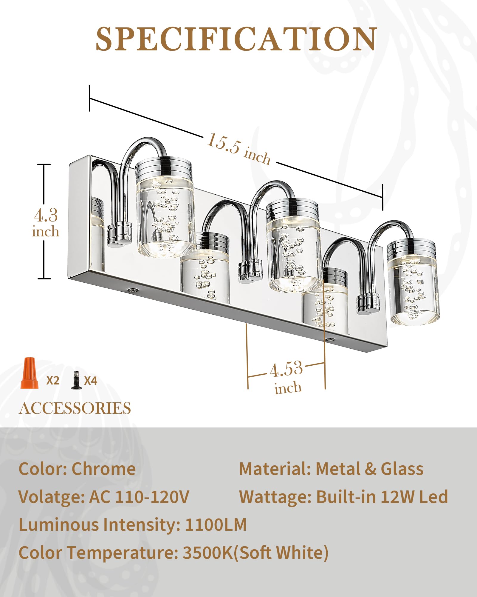 4 Lights Dimmable Crystal LED Vanity Light, Modern Matte Black Bathroom Light Fixtures 16W 3000/4000/5000K, LMS-193