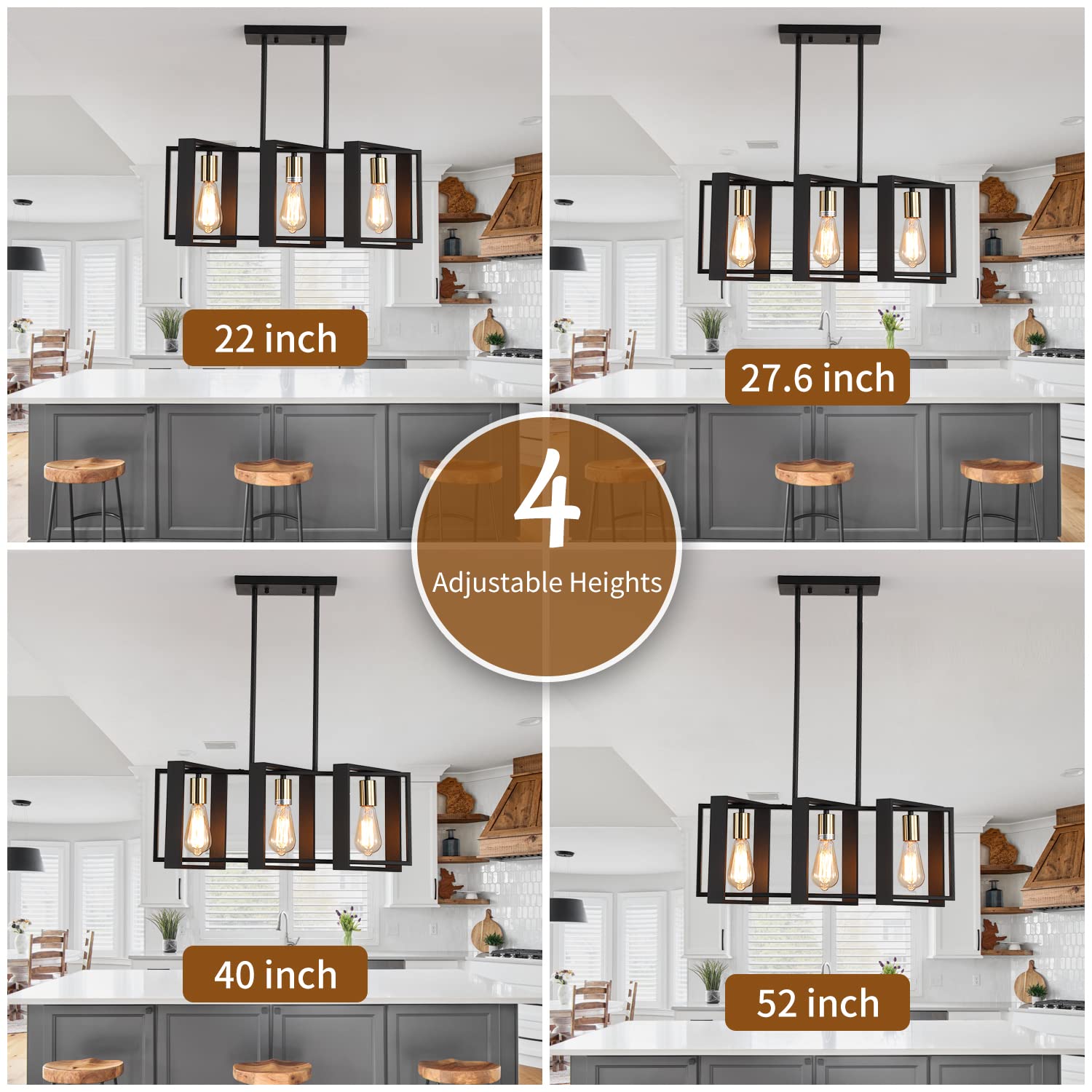 9MMML 3 Lights Kitchen Island Lighting, Modern Rectangle Linear Pendant Light, Black Frame+ Gold Socket Chandelier for Dining &Living Room Foyer Entryway Hallway,E26,Height Adjustable.