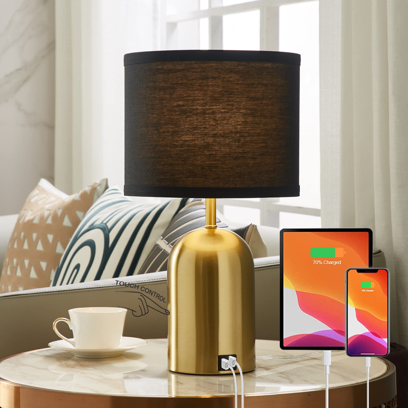 Touch Control Table Lamps Set of 2, Bedside Table Lamps for Bedrooms Set of 2 Modern Living Room 3 Way Dimmable Gold Bedside Lamp for End Table with 2 USB Charging Ports, 2 Bulbs Included