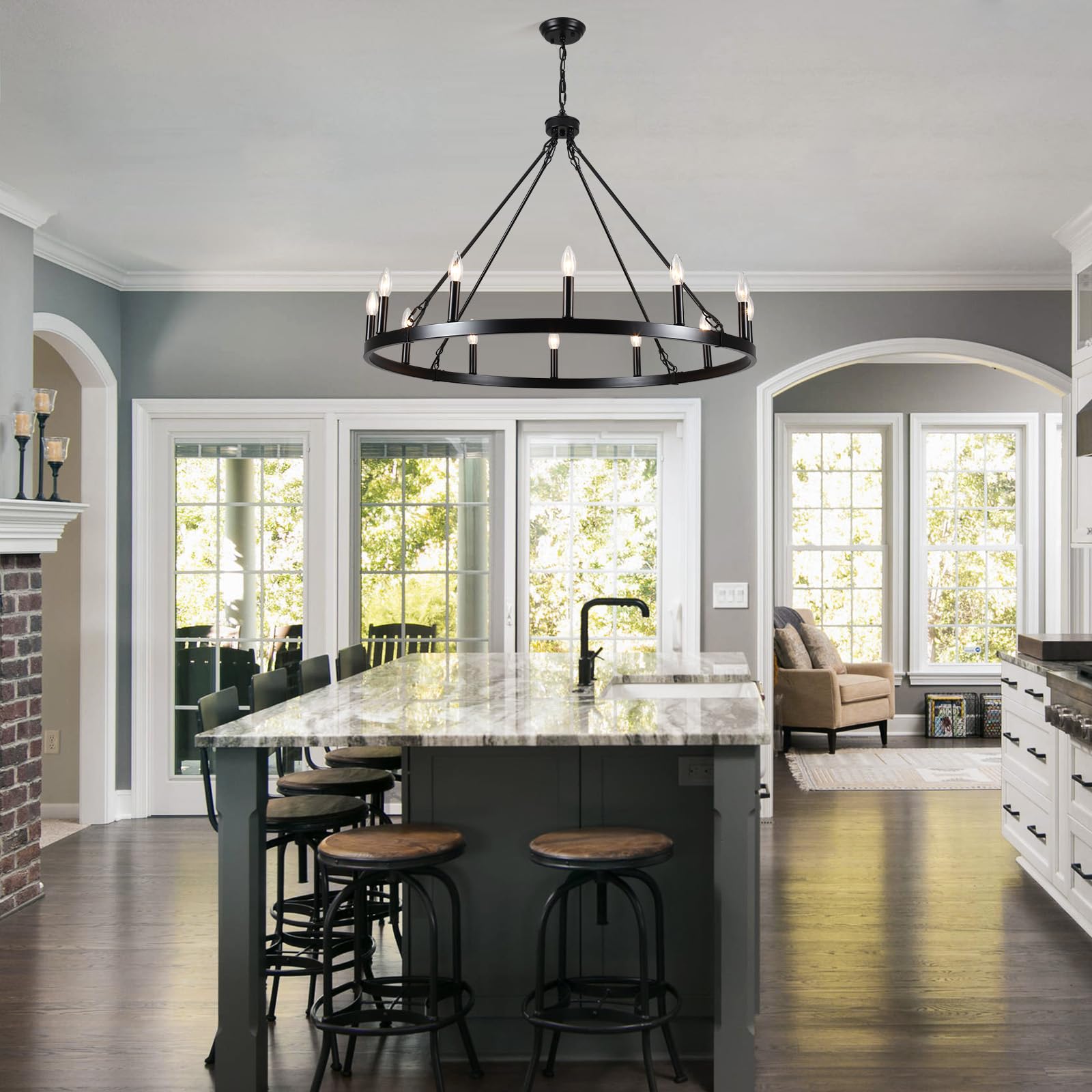 Wooden Chandeliers for Dining Room, 5 Lights Farmhouse Orb Chandeliers Antique White & Black French Country Chandelier for Living Room Kitchen Foyer