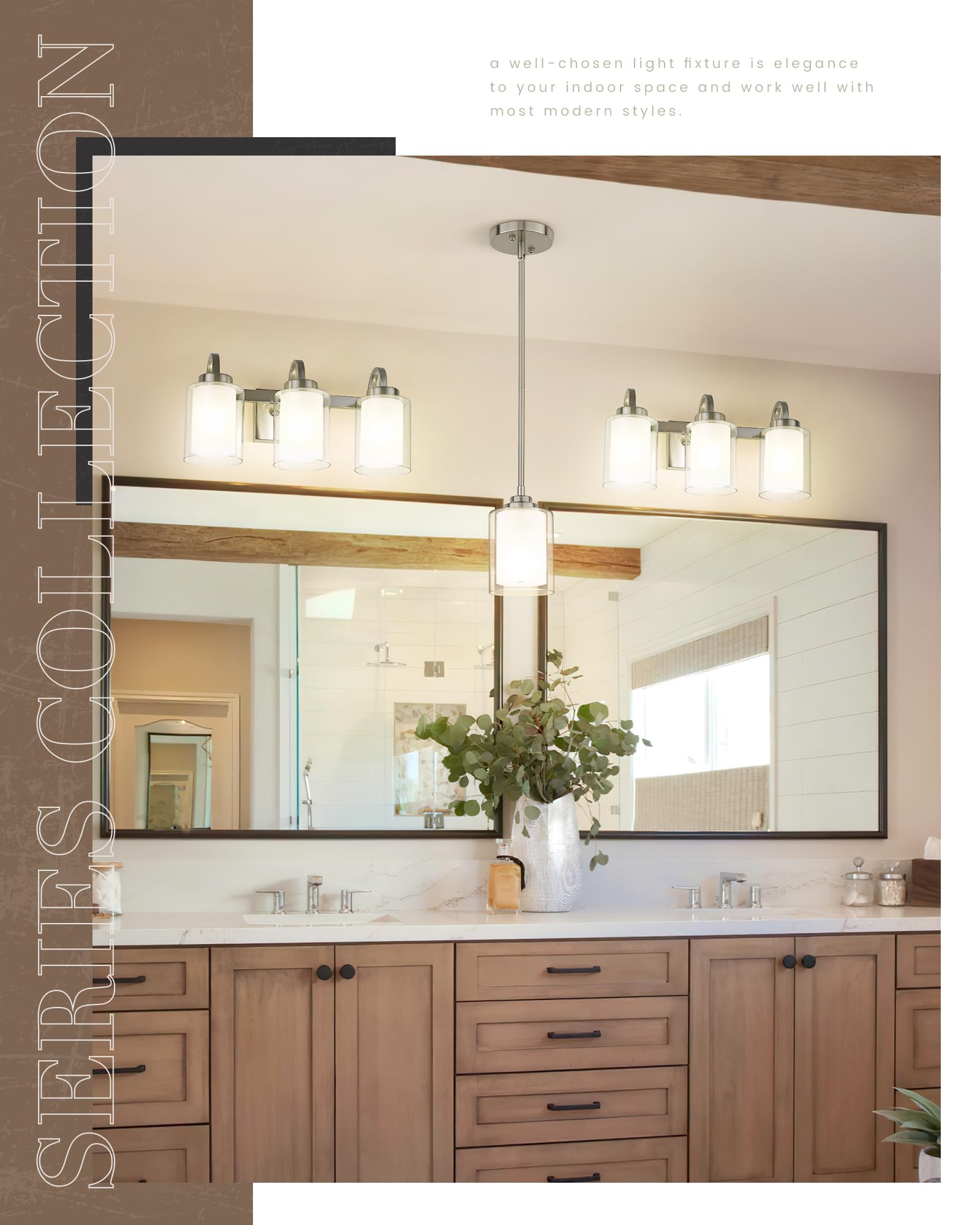 3-Light Bathroom Vanity Light, Brushed Nickel Vanity Light Over Mirror, Farmhouse Wall Sconces with Dual Glass Shade, Modern Wall Lamp for Bathroom Hallway Living Room