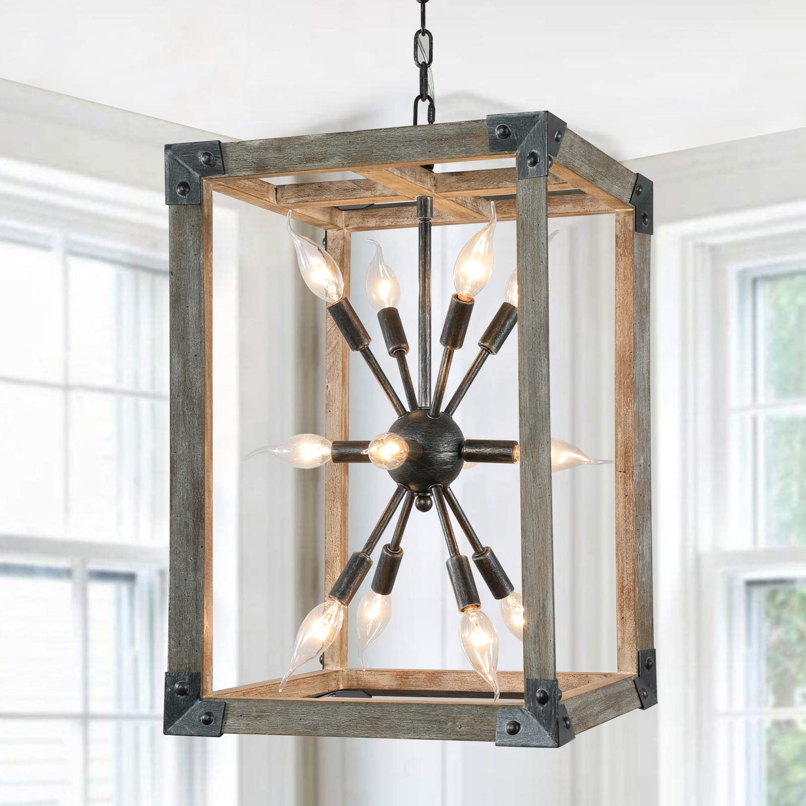 2024 New Antique Wood Farmhouse Chandelier, 4 Light Vase Shape Distressed French Country Wooden Pendant Light, Coastal Hanging Rustic Orb Chandeliers for Dining Room Kitchen Island Bedroom Foyer Entry