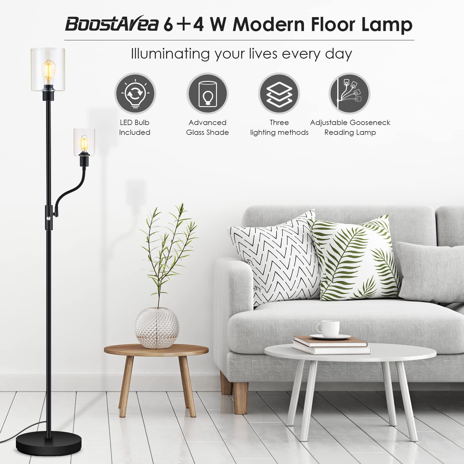 Floor Lamp, 6W Black Modern Floor Lamp with 4W Adjustable Reading Lamp, 2700K Energy-Saving LED Bulbs Included, Industrial Bright Floor Lamp for Bedroom, Living Room and Office