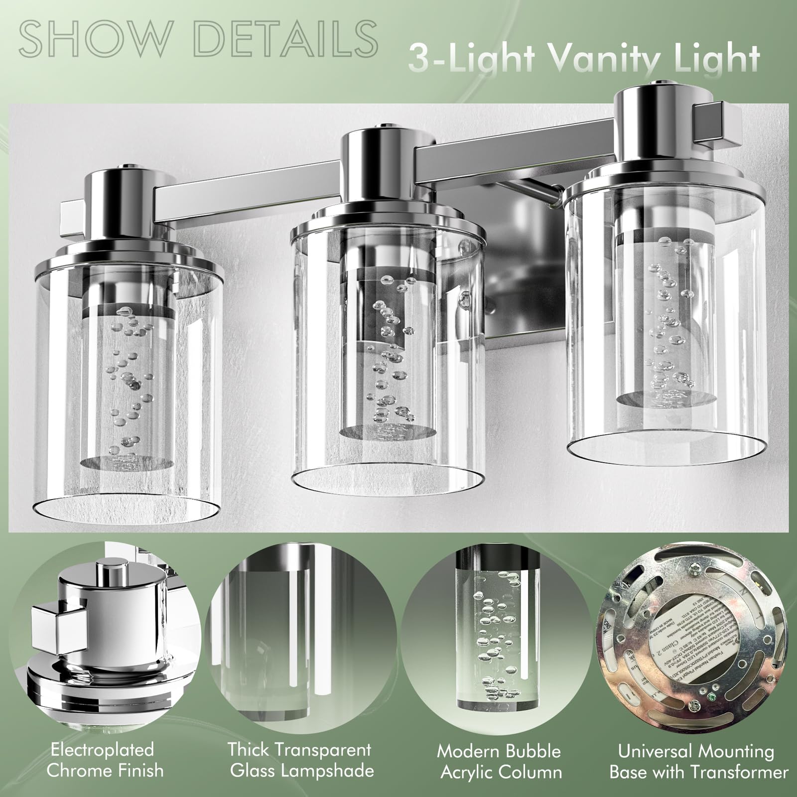 Bathroom Vanity Light Fixtures, 3-Light LED Lighting Fixtures Over Mirror, 5 CCT Modern Chrome Vanity Light for Bathroom with Crystal Bulb Clear Glass Shade Dimmable Bathroom Wall Lamp