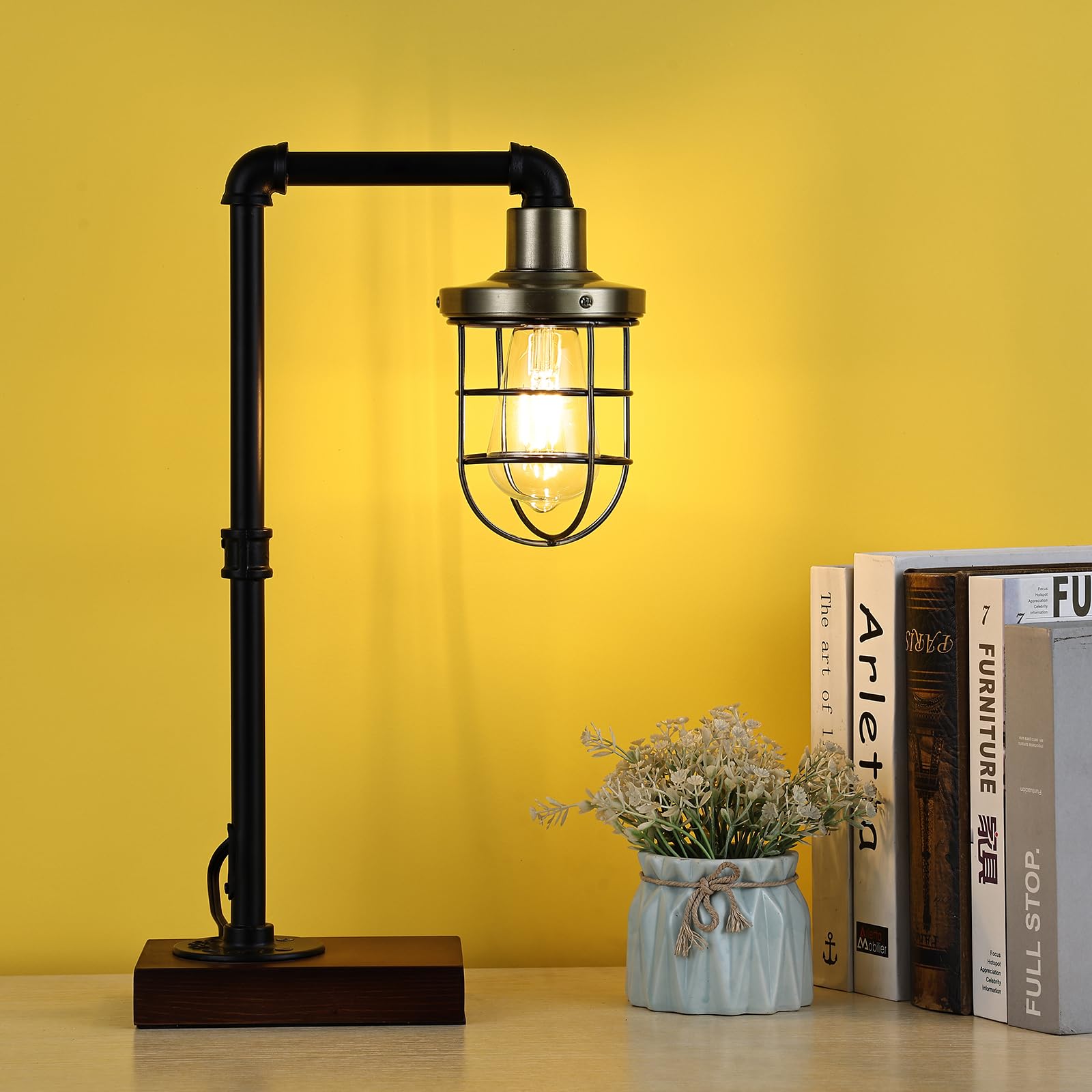 CONCA Industrial Steampunk Table Lamp, Edison Bulb, Metal, A-Black, 19.6x11.7x5.35 inches, 3 lbs, E26 Base, 800 Lumen, 120V