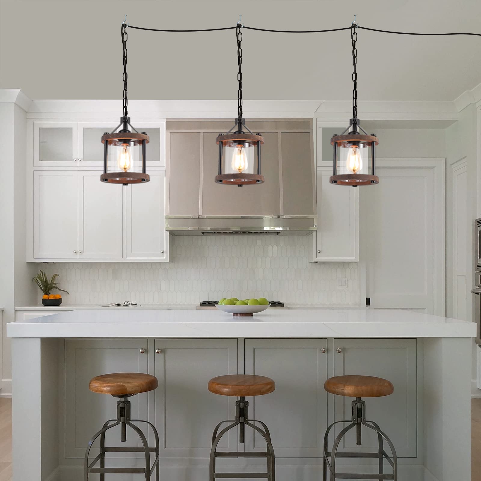 Farmhouse Pendent Lights in Kitchen Island, Rustic Wood Pendant Light with Glass Shade, Bronze Entryway Pendant Lighting, Adjustable Glass Hanging Light Fixtures for Foyer, Sink, 1 Pack