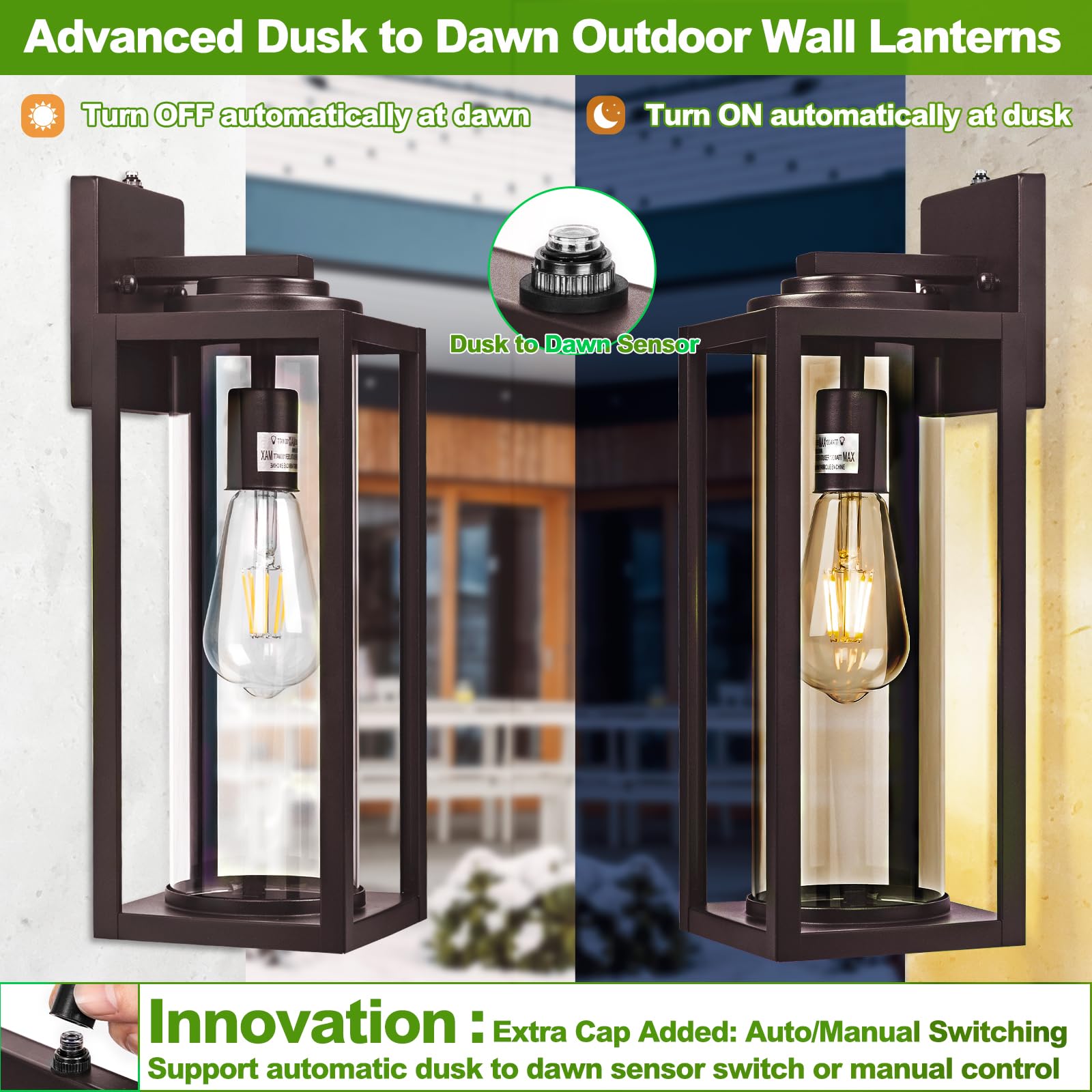 16inch Large Outdoor Wall Lights - 2 Packs Modern Black Exterior Light Fixture with Clear Glass Shade, Waterproof Porch Lighting for House, Farmhouse Sconces Lantern for Front Door, Garage