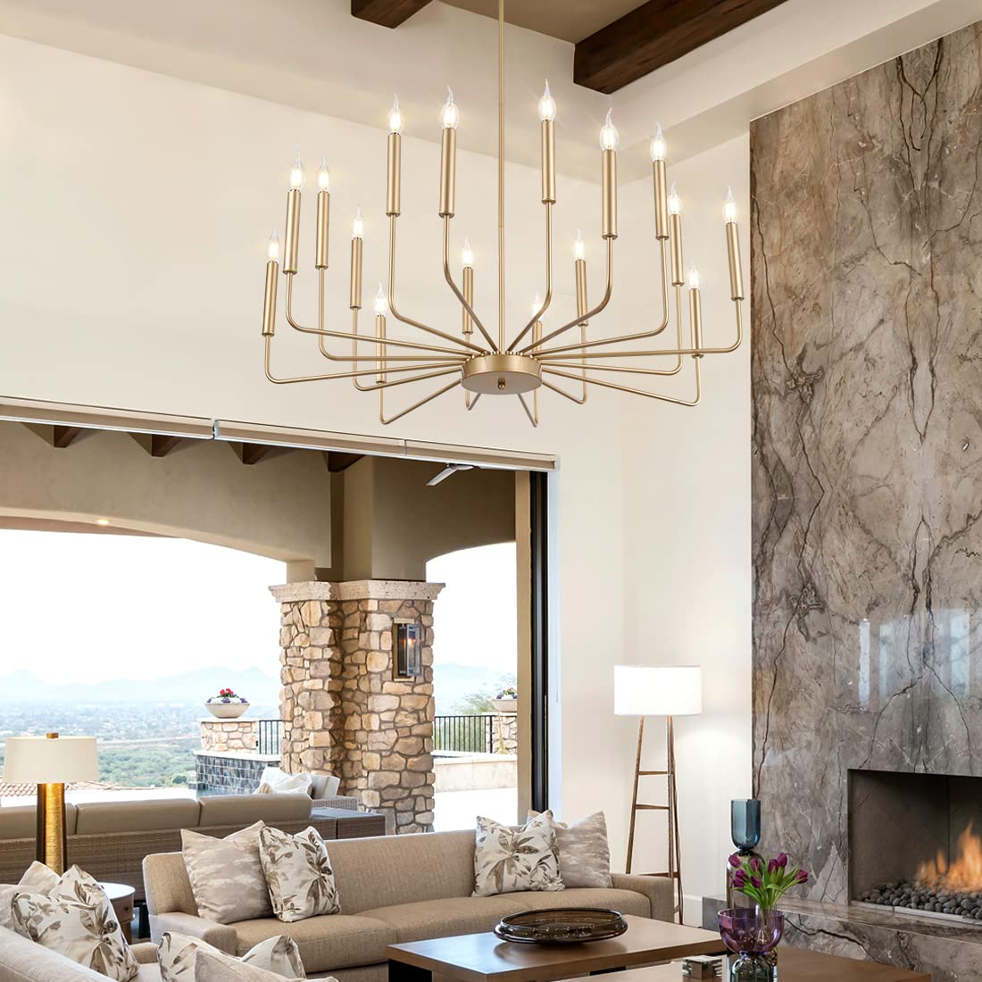 Modern Gold Chandelier, 12-Light Rustic Farmhouse Chandelier, Metal Industrial Candle Chandeliers for Dining Room, Kitchen, Foyer, Entryway, Living Room