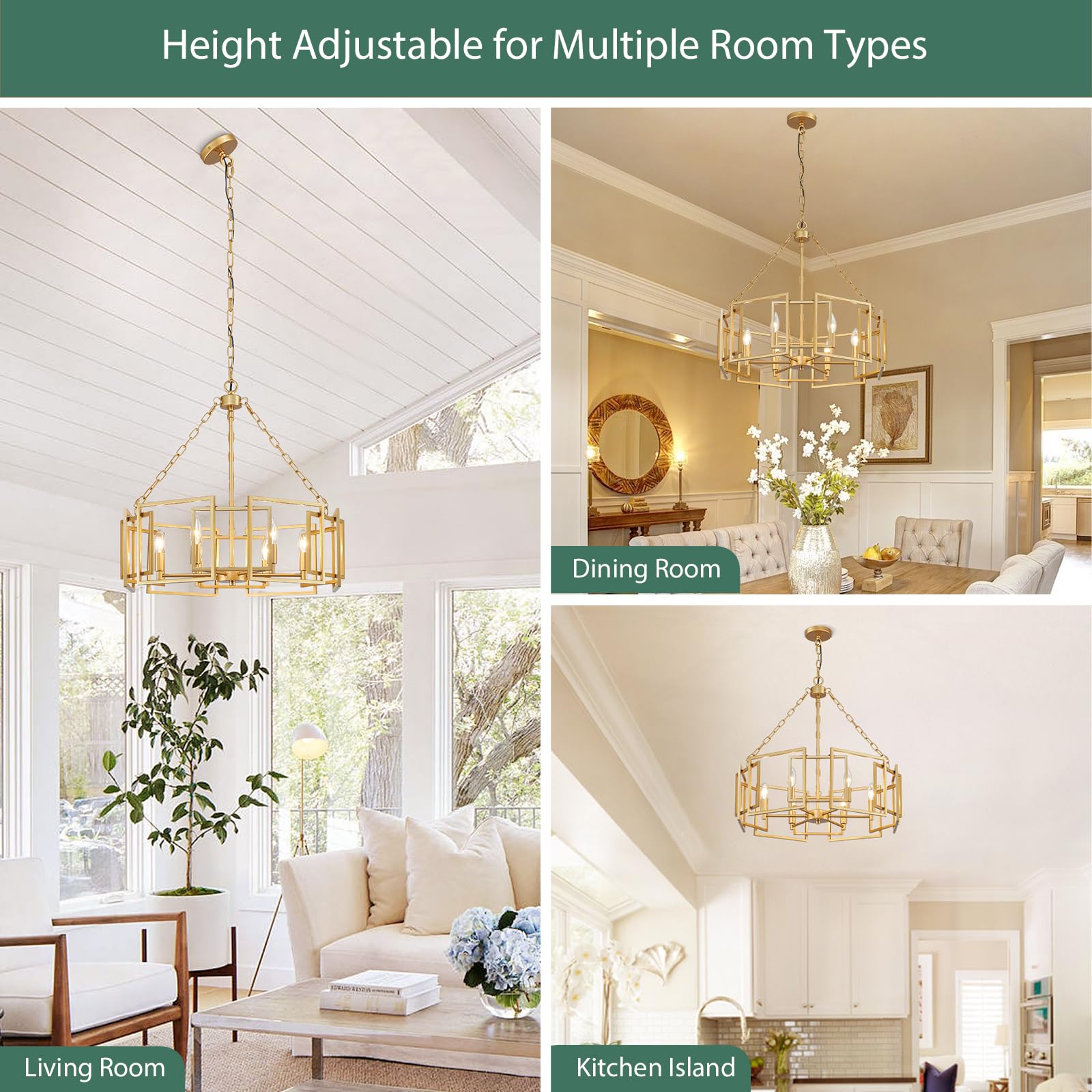 Gold Chandelier 5-Light Modern Kitchen Island Lighting Fixtures, Farmhouse Pendant Light 20 inches Retro Height Adjustable Ceiling Light for Dining Room, Bedroom, Living Room,Foyer