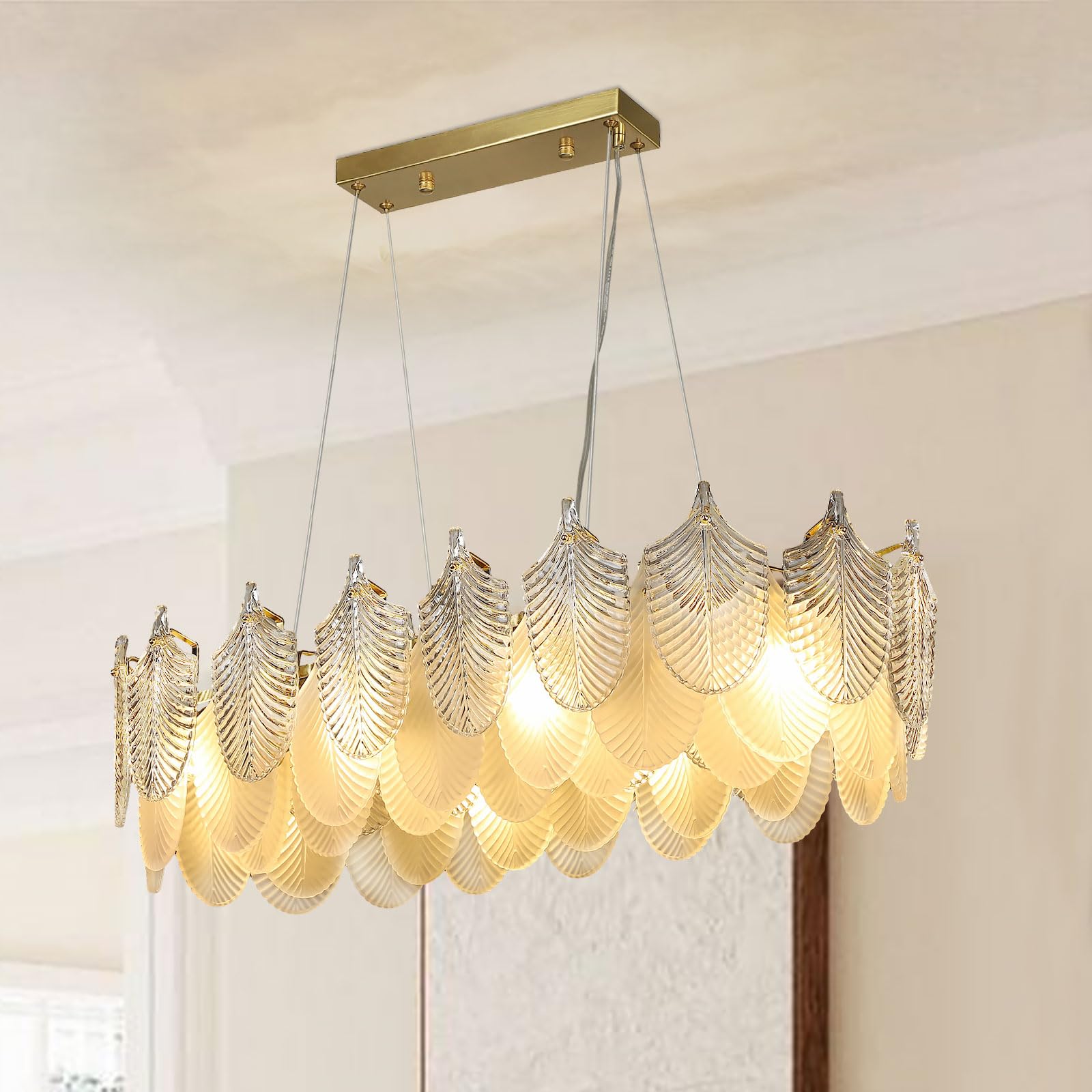 Kitchen Island Pendant Light Fixture, 4 Lights Metal Farmhouse Chandeliers, Vintage Flush Mount Ceiling Hanging Lighting with Glass Shade for Dining Room, Foyer, Restaurant, Bar, E26 Base