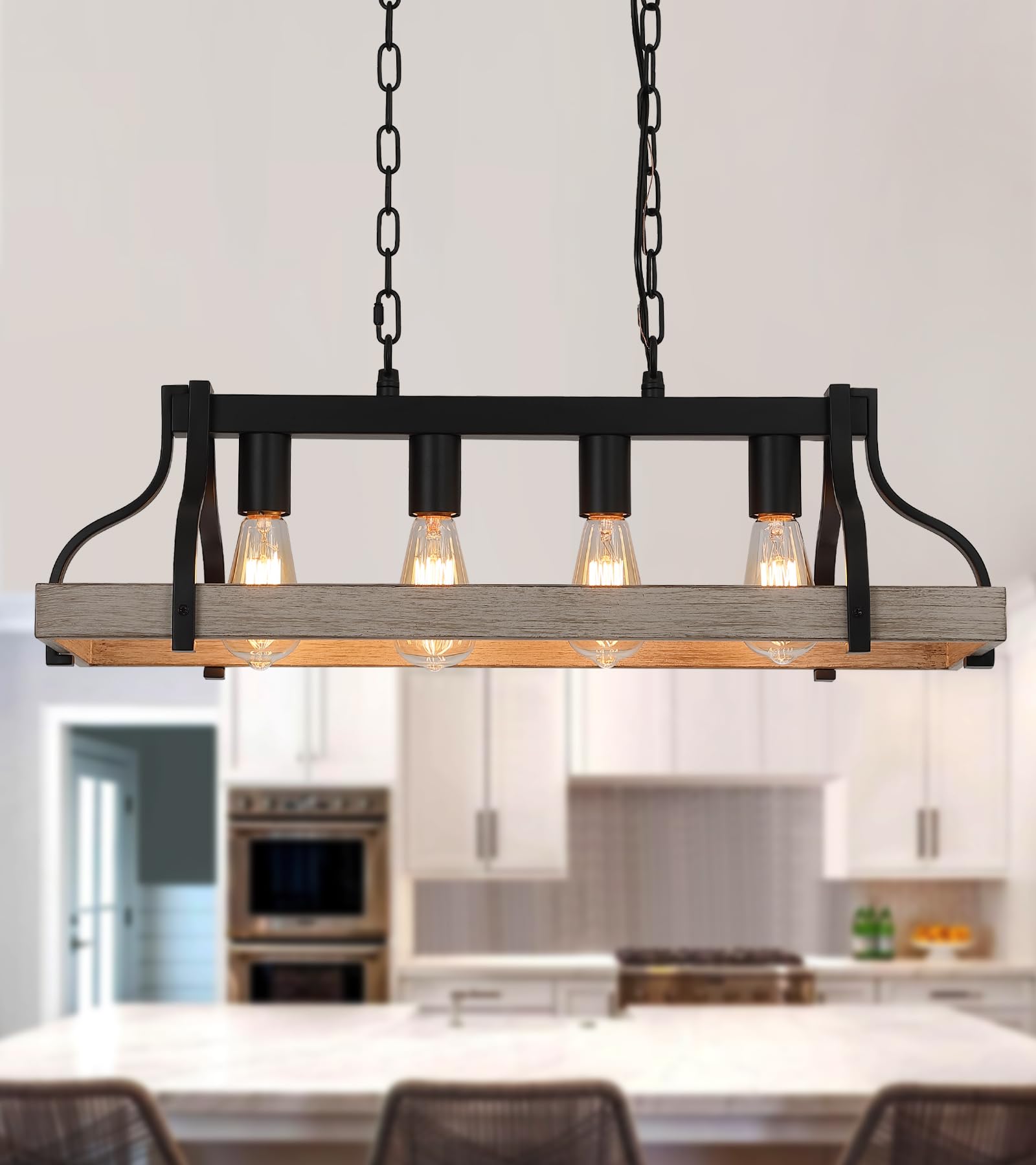 Rustic Kitchen Island Dining Room Light Fixture Farmhouse Linear Chandelier Black and Retro Wood Finish 5-Light Industrial Metal Hanging Pendant Light UL Listed L33.5 W10.6