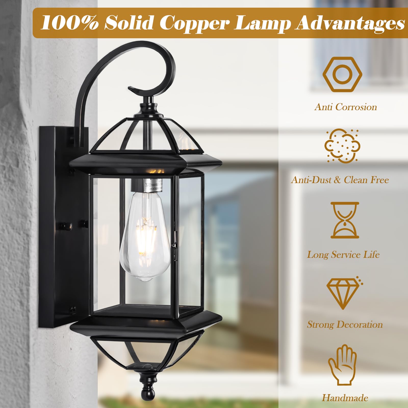 Gold Copper Wall Light Fixture Outdoor 18 Inch, Large Oil Rubbed Brass 100% Solid Copper Outside Wall Mounted Porch Lantern with Clear Glass, Golden Classic Exterior Sconce for Patio Garage Front Door