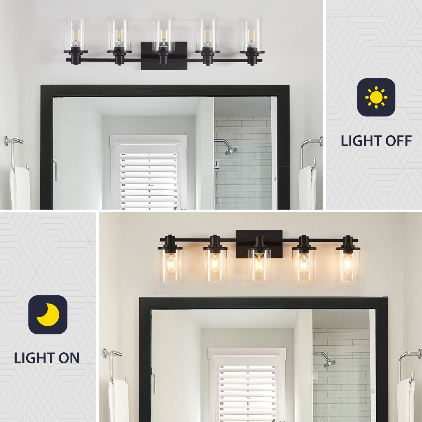 3 Light Bathroom Vanity Light, Black and Gold Bathroom Light Fixtures with Clear Glass Shade, Matte Black Finish, Brushed Gold Copper Accent Socket, Modern Gold Vanity Lights for Bathroom Over Mirror