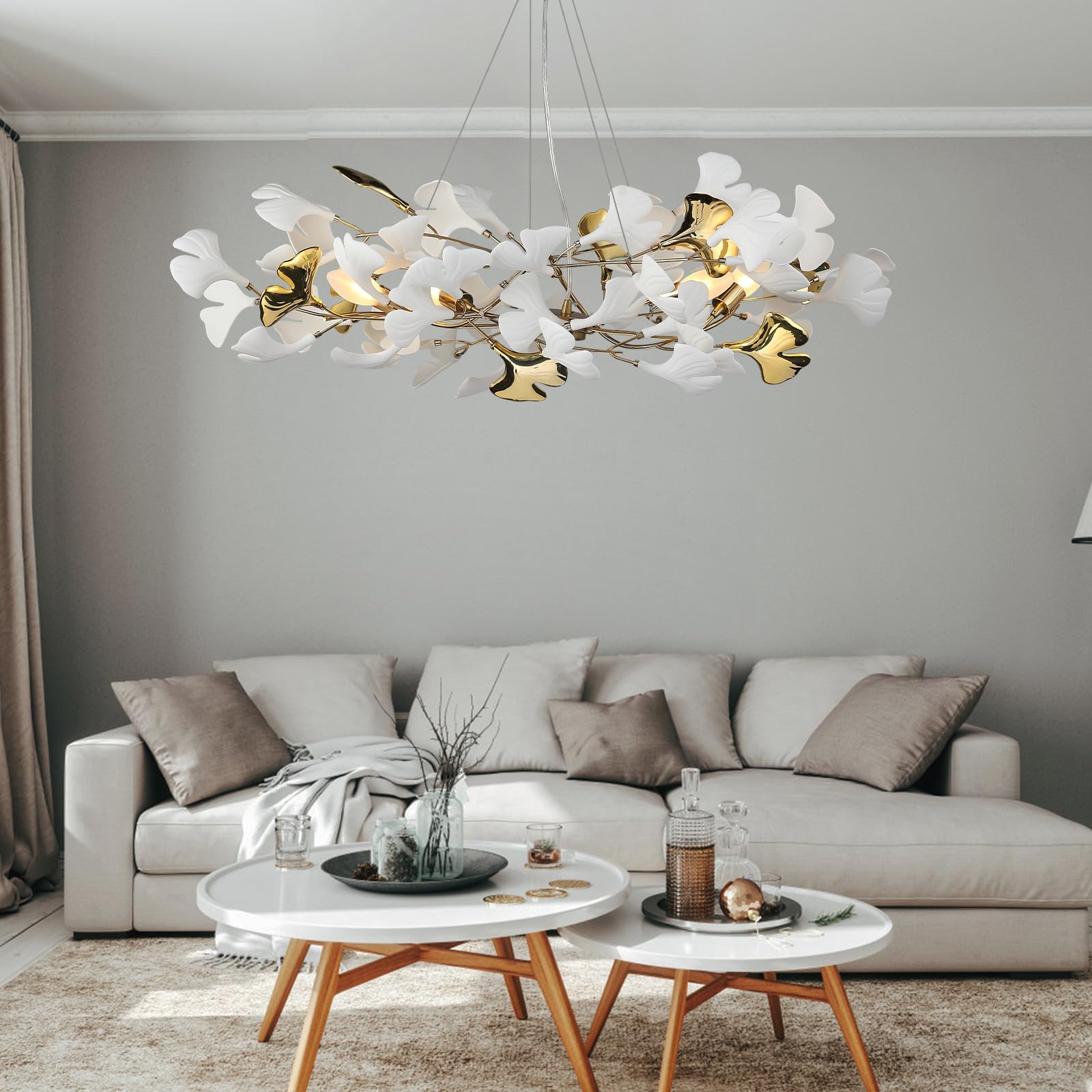 59 Inch White Rectangle Chandelier Ceramic Ginkgo Leaf Chandeliers Brass Large Chandeliers Modern Art Deco Chandelier for Dining Room Living Room,10-Light