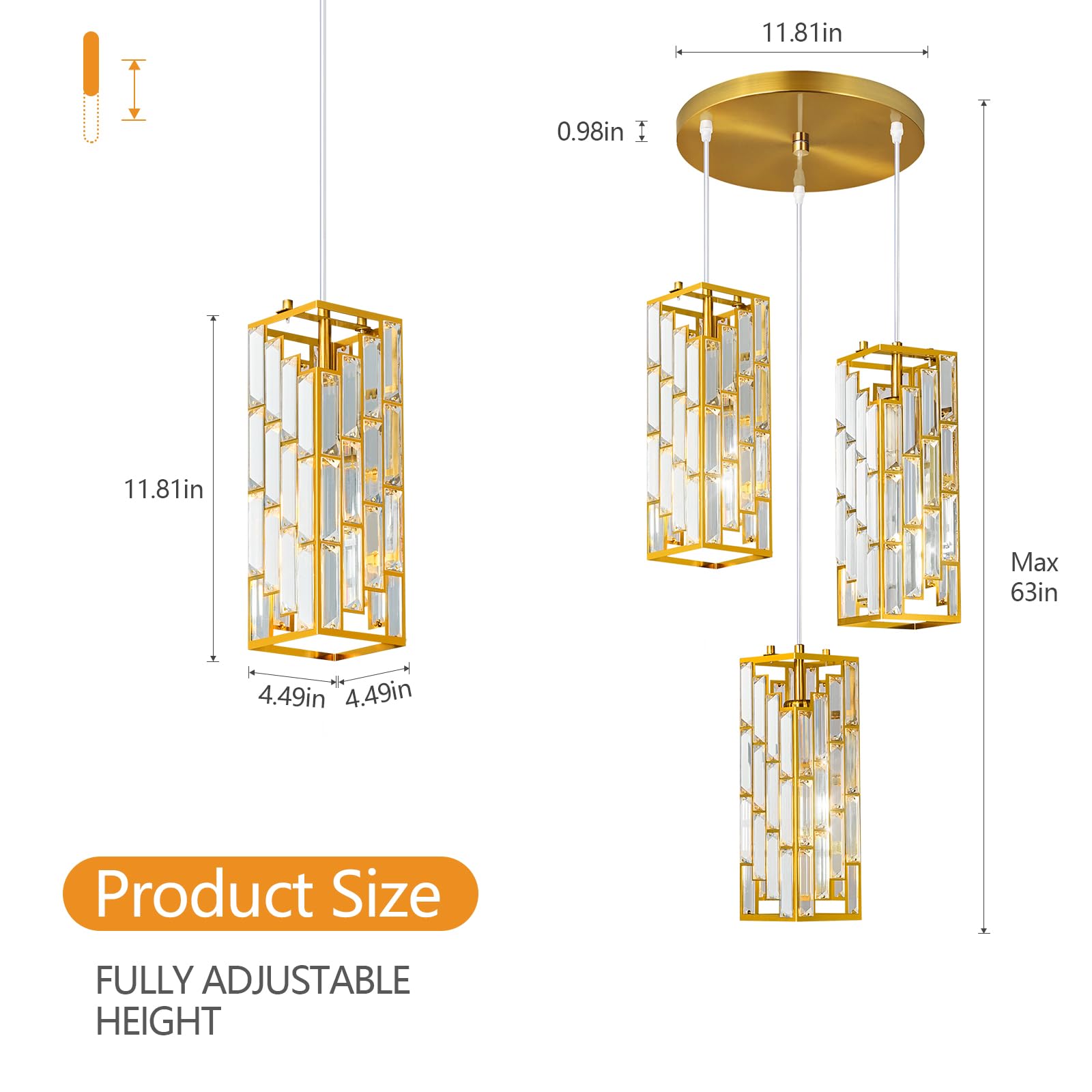 Gold Pendant Lighting Modern Pendant Light, Mini Crystal Chandeliers,Adjustable Pendant Light Fixture for Kitchen Island Dinning Room Bedroom (3 Pack)