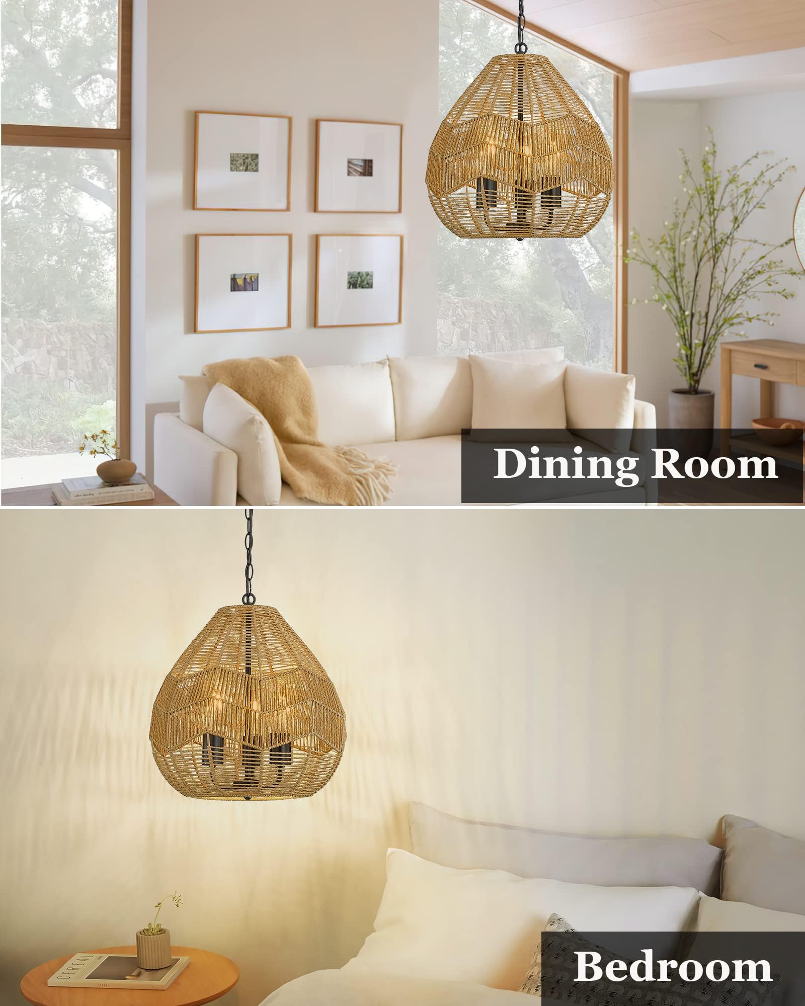 3 Pack Woven Pendant Lights, 7” Modern Boho Hanging Lamp with Handwoven Woven Rattan Shade, Adjustable Farmhouse Coastal Pendant Light Fixtures for Kitchen Island,Dining Room,Bar, Foyer Hallway