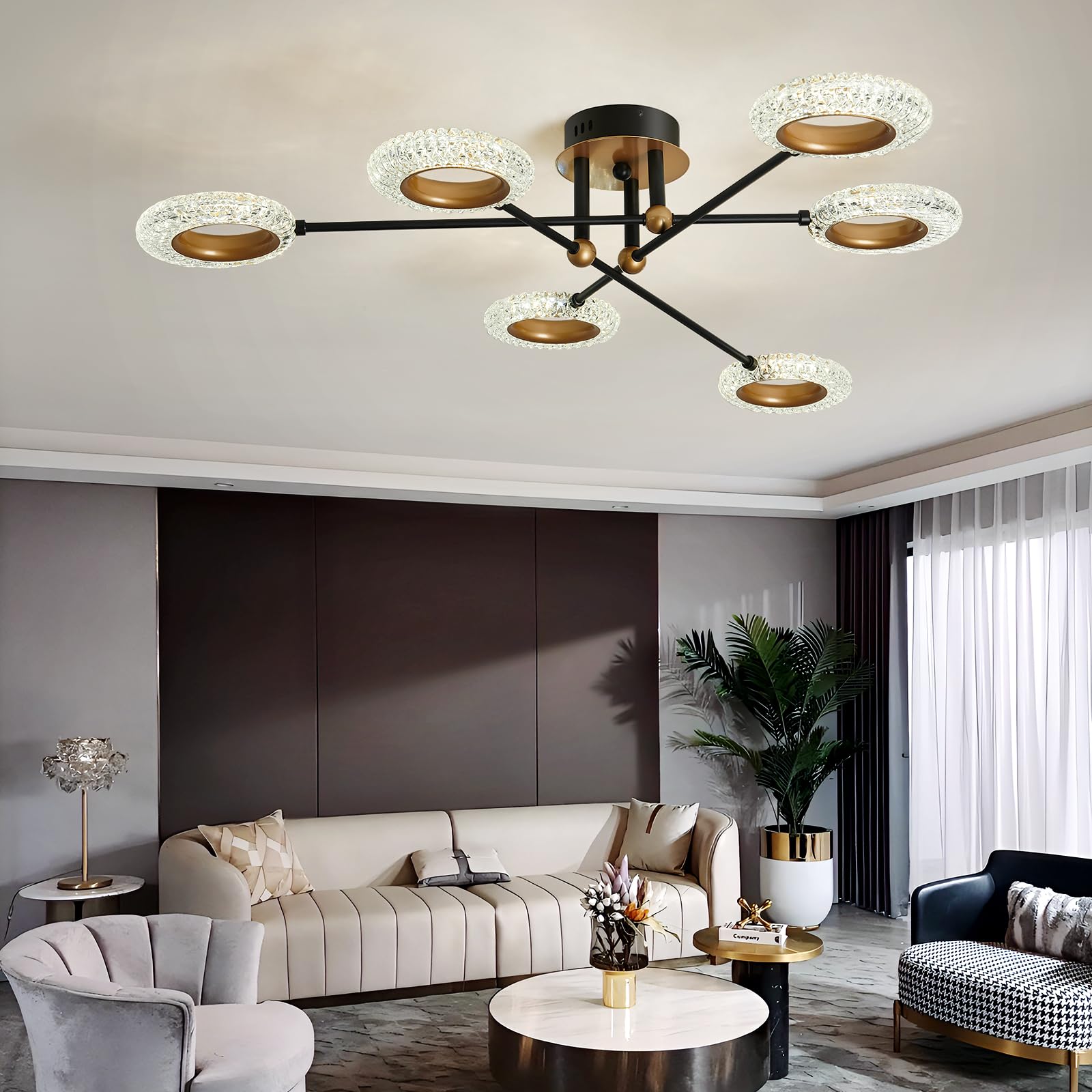 6 Lights Sputnik Semi Flush Mount Ceiling Light Matte Black Modern Edison Chandelier Industrial Close to Ceiling Light for Farmhouse Dining Room Kitchen Bedroom Living Room Study