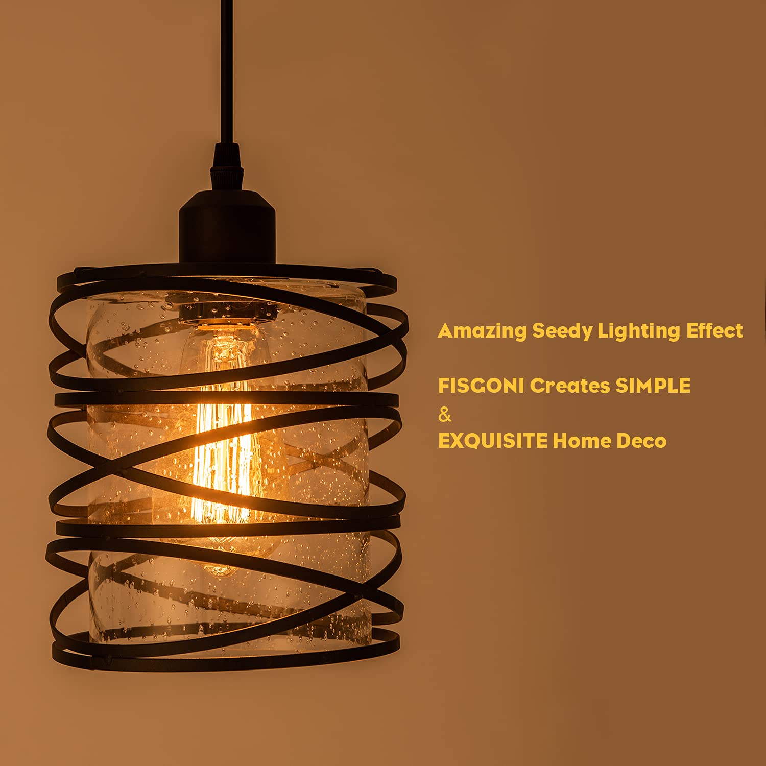 Modern Mini Pendant Light Fixture Kitchen Island Pendant Lighting 6.30''Matte Black Spiral Cage Handblown Clear Seeded Glass Shade Hanging Lamp Adjustable Cord for Dining Room 1-Pack,E26